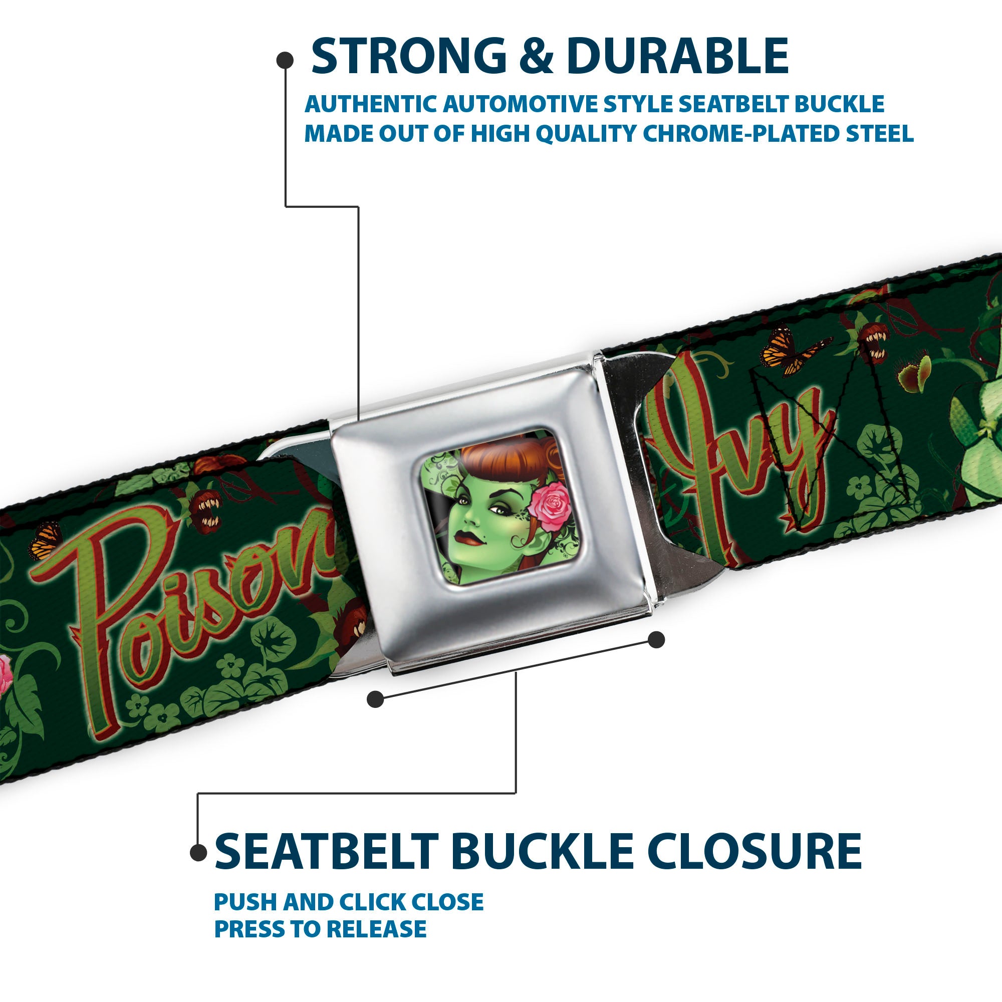 Poison Ivy Pin-Up Face Full Color Seatbelt Belt - POISON IVY Bombshell Poses Greens/Reds Webbing Seatbelt Belts DC Comics