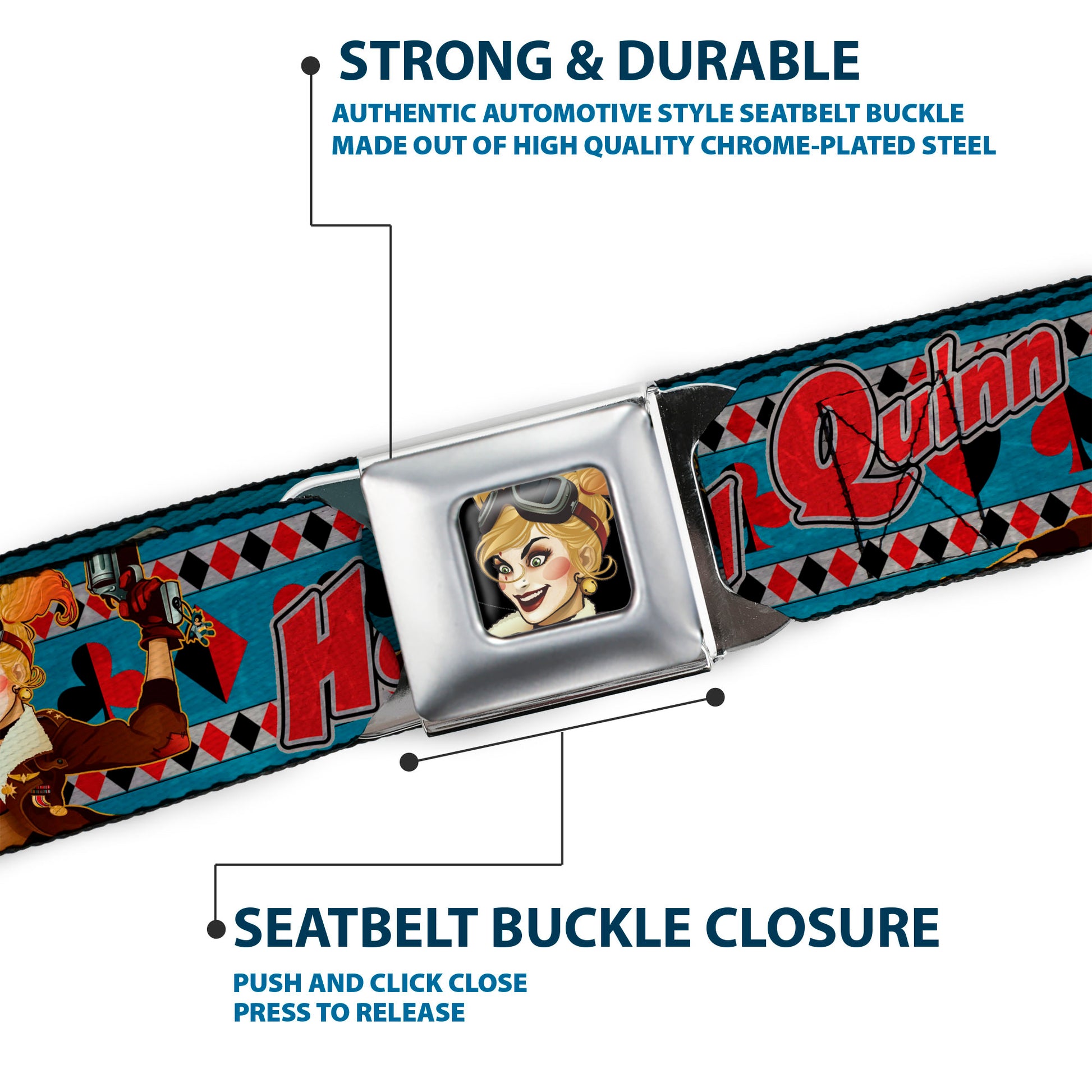 Harley Quinn Bombshell Pin-Up Face Full Color Seatbelt Belt - Harley Quinn Bombshell Pin-Up Pose/Joker Card/Suits Blue/White/Red/Black Webbing Seatbelt Belts DC Comics