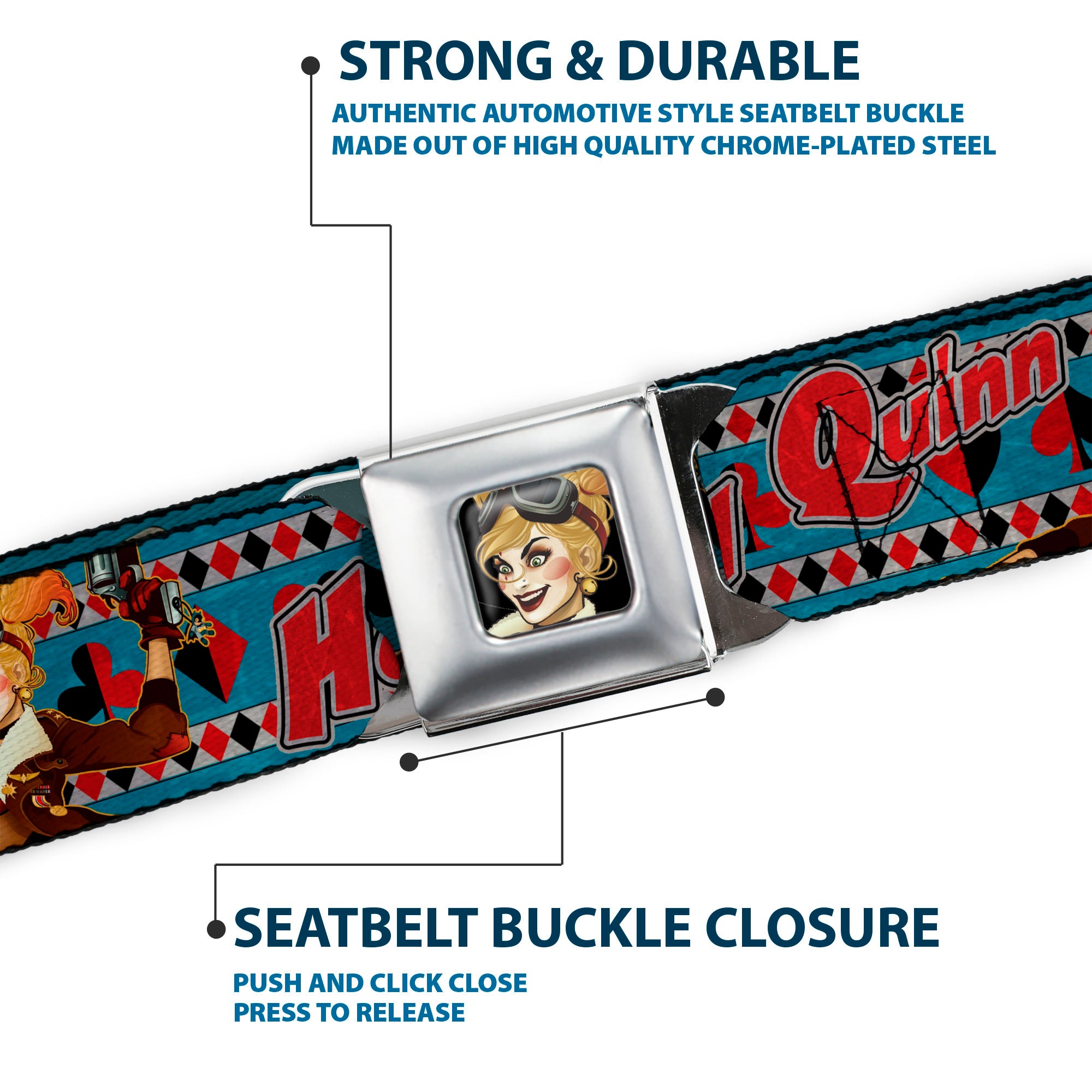 Harley Quinn Bombshell Pin-Up Face Full Color Seatbelt Belt - Harley Quinn Bombshell Pin-Up Pose/Joker Card/Suits Blue/White/Red/Black Webbing Seatbelt Belts DC Comics