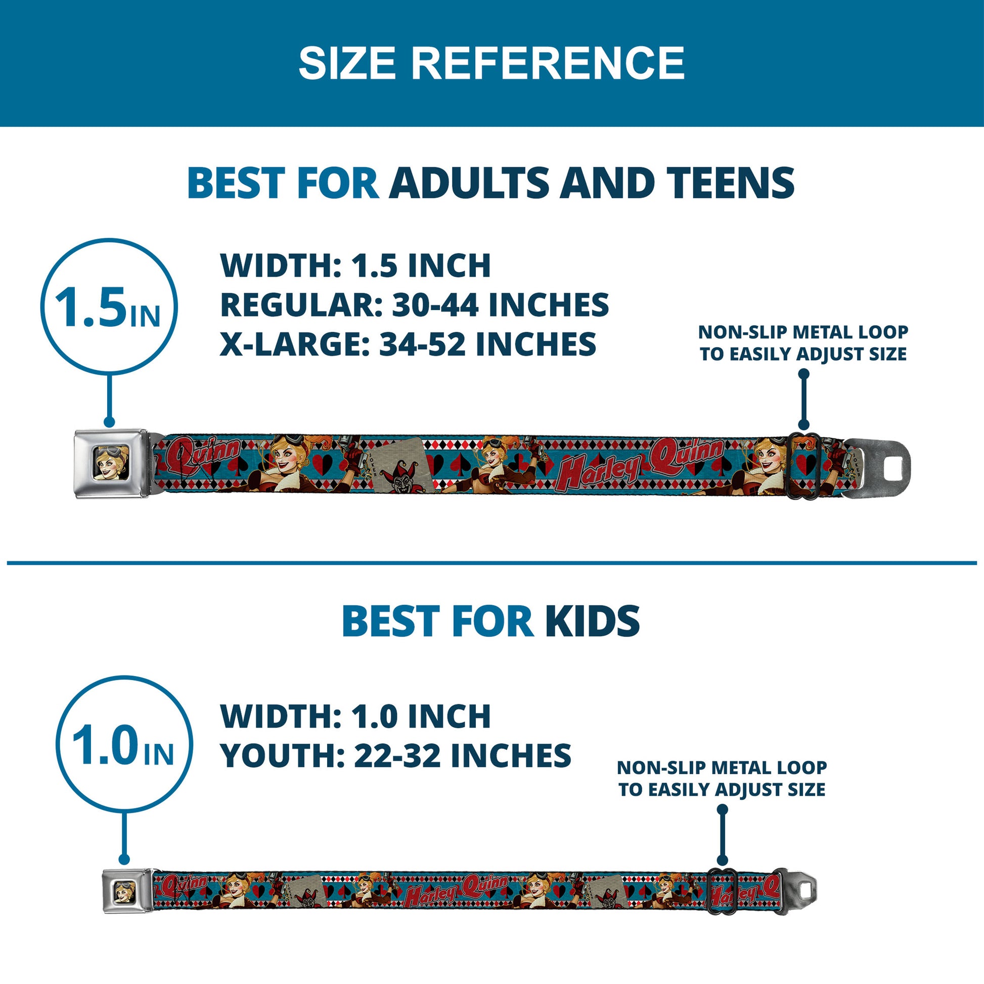 Harley Quinn Bombshell Pin-Up Face Full Color Seatbelt Belt - Harley Quinn Bombshell Pin-Up Pose/Joker Card/Suits Blue/White/Red/Black Webbing Seatbelt Belts DC Comics