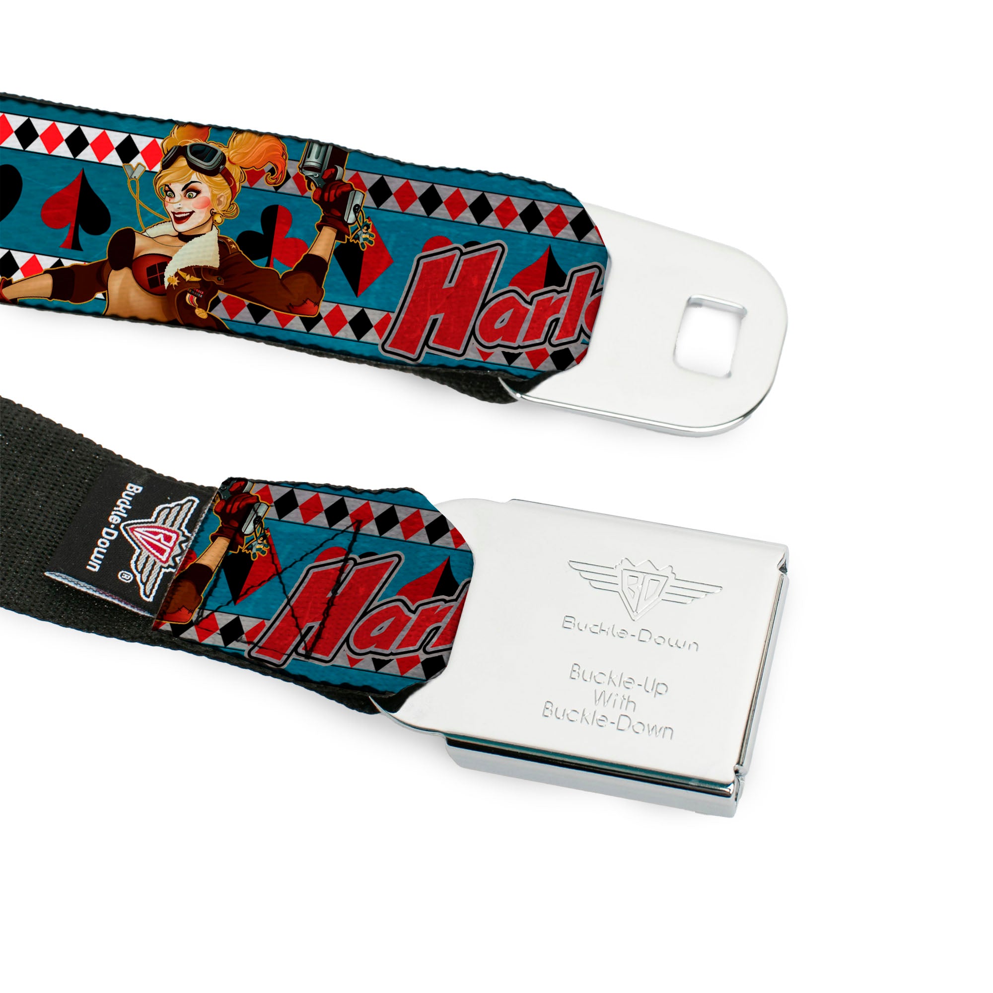 Harley Quinn Bombshell Pin-Up Face Full Color Seatbelt Belt - Harley Quinn Bombshell Pin-Up Pose/Joker Card/Suits Blue/White/Red/Black Webbing Seatbelt Belts DC Comics