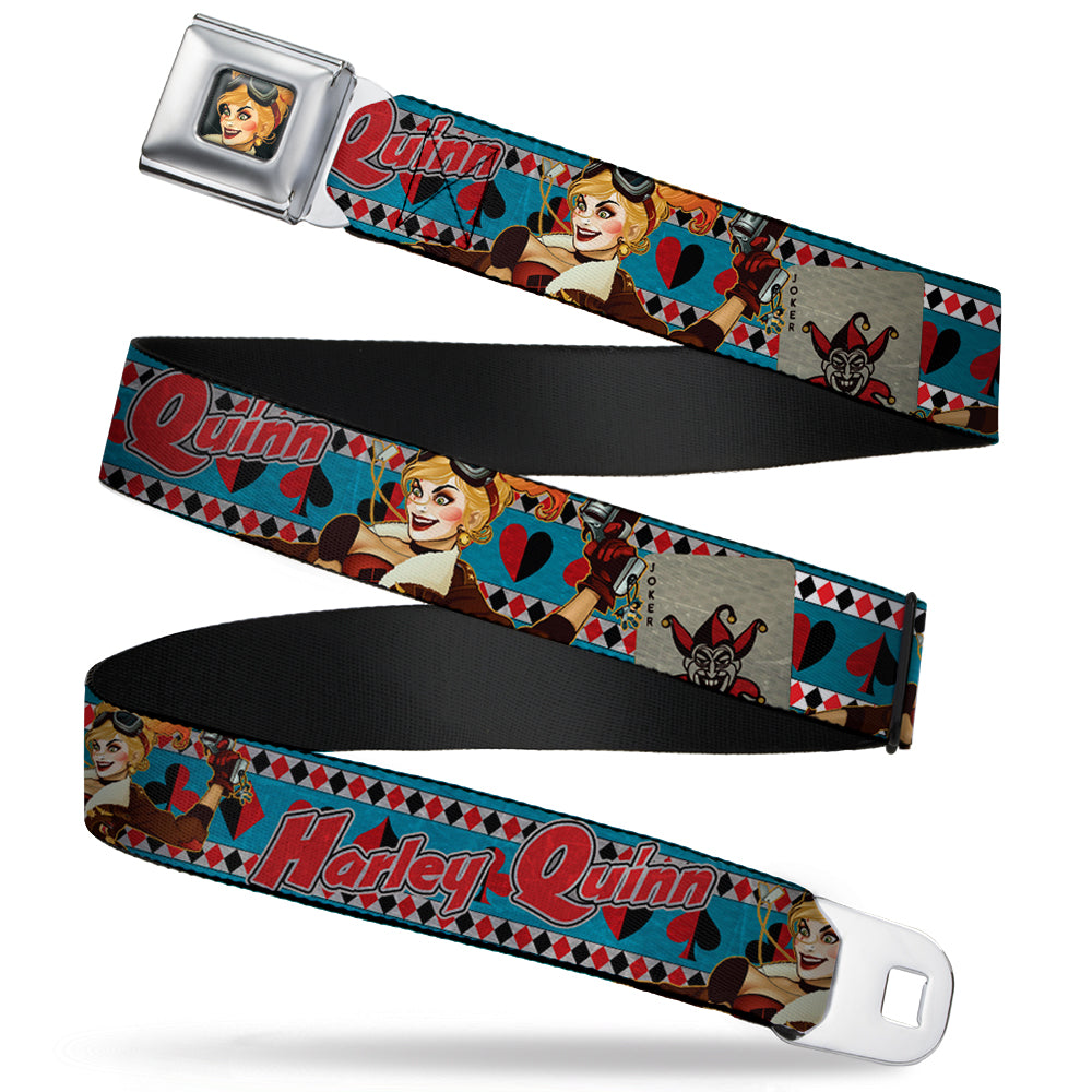 Harley Quinn Bombshell Pin-Up Face Full Color Seatbelt Belt - Harley Quinn Bombshell Pin-Up Pose/Joker Card/Suits Blue/White/Red/Black Webbing Seatbelt Belts DC Comics