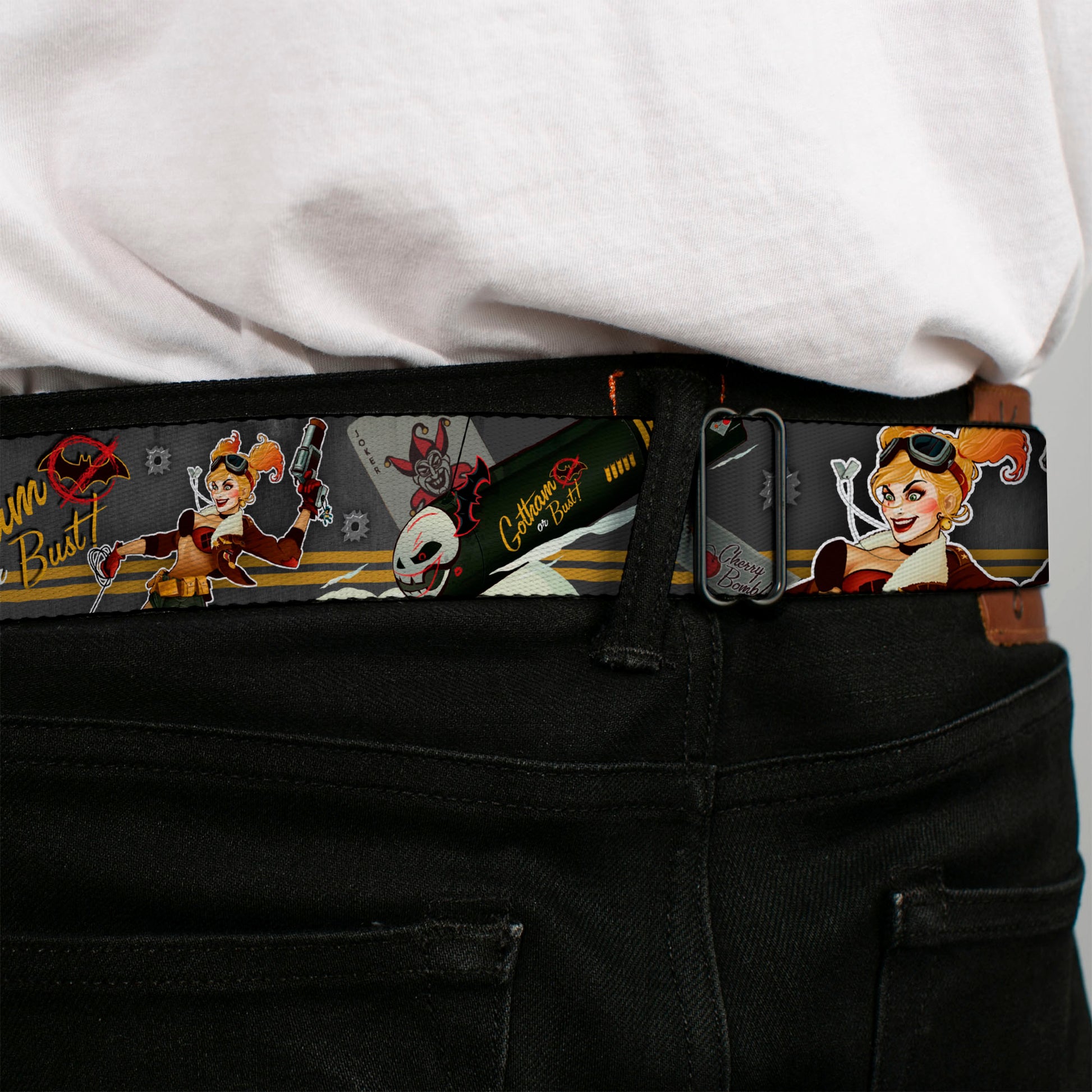 Harley Quinn Bombshell Pin-Up Face Full Color Seatbelt Belt - Harley Quinn Aviation Pin-Up Pose/GOTHAM OR BUST Webbing Seatbelt Belts DC Comics