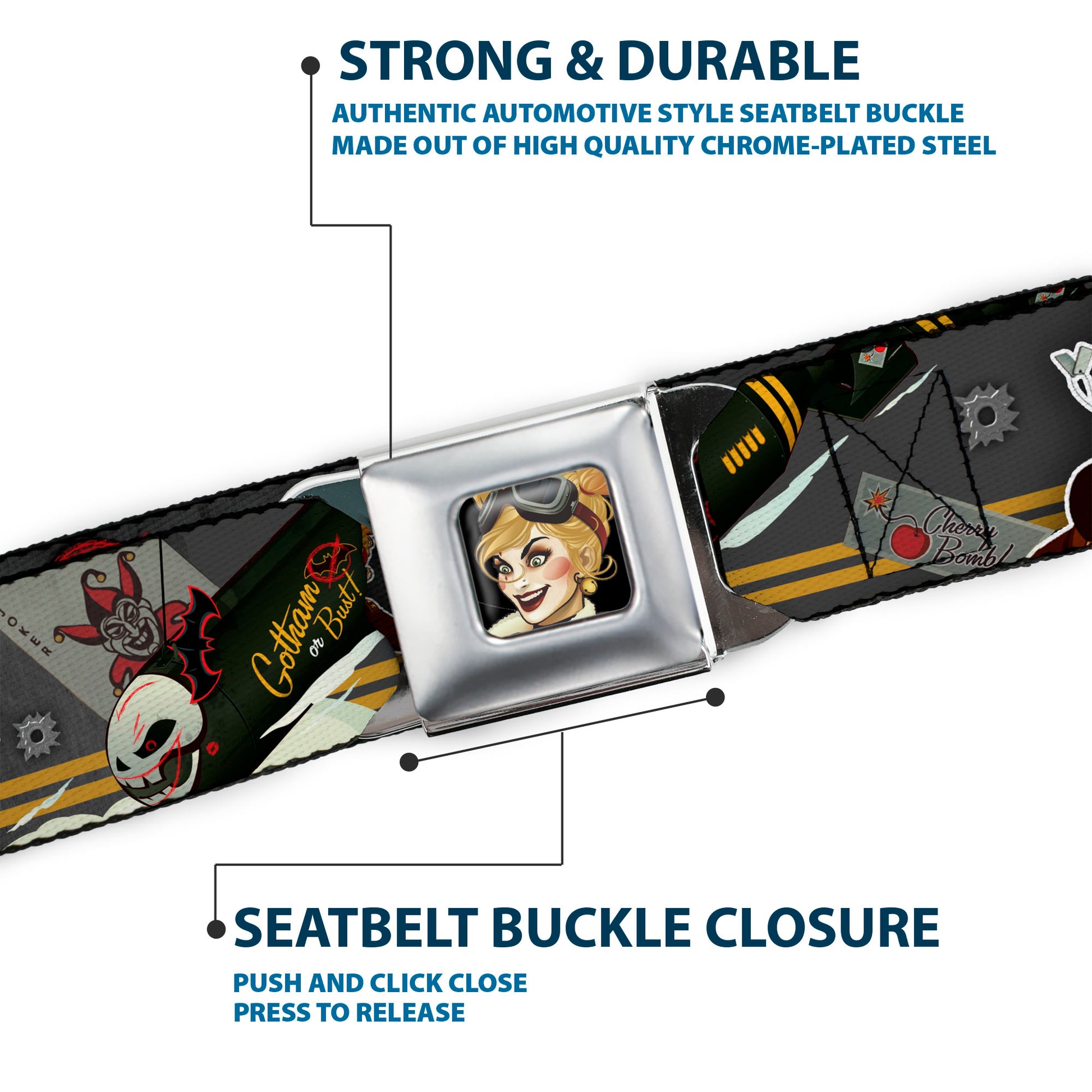 Harley Quinn Bombshell Pin-Up Face Full Color Seatbelt Belt - Harley Quinn Aviation Pin-Up Pose/GOTHAM OR BUST Webbing Seatbelt Belts DC Comics