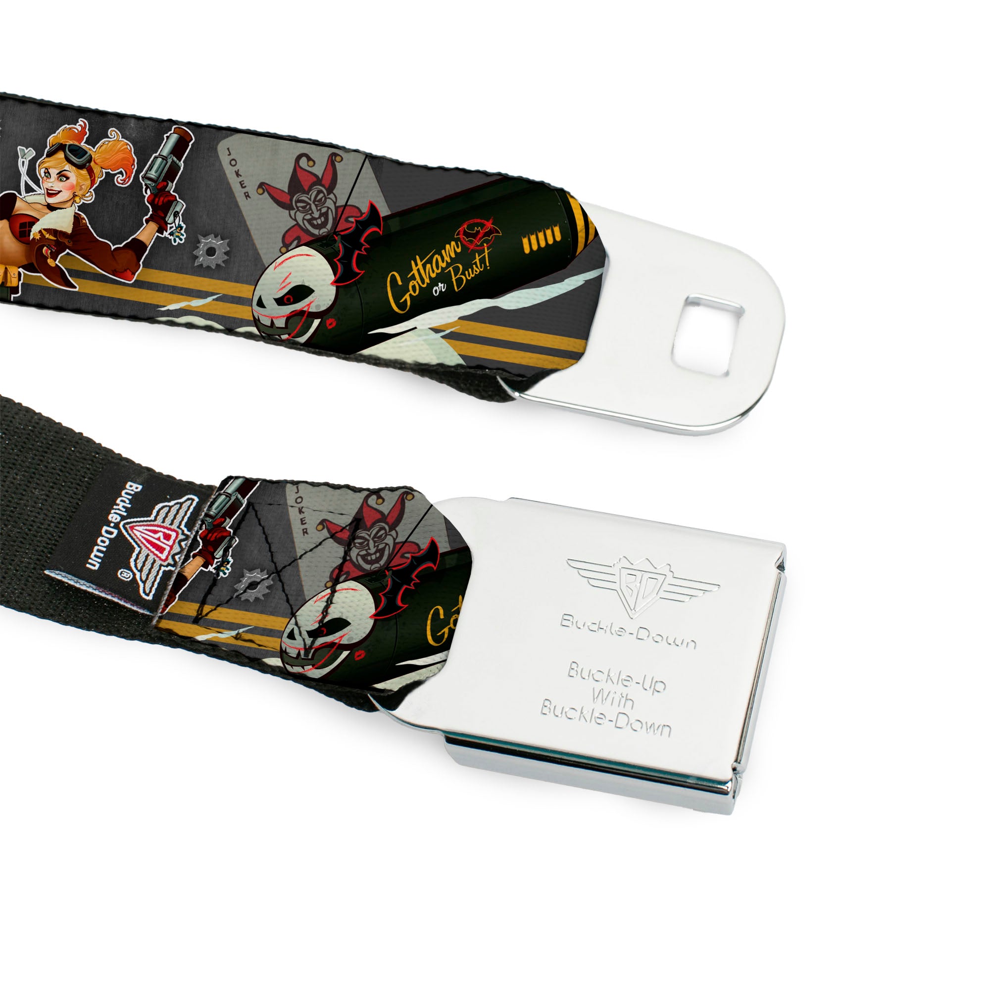 Harley Quinn Bombshell Pin-Up Face Full Color Seatbelt Belt - Harley Quinn Aviation Pin-Up Pose/GOTHAM OR BUST Webbing Seatbelt Belts DC Comics