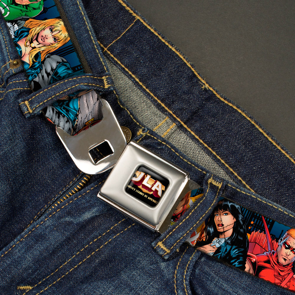 JLA-JUSTICE LEAGUE OF AMERICA Logo Full Color Black Gold Red Seatbelt Belt - Justice League New 52 14-Superheroes Group Pose Webbing Seatbelt Belts DC Comics