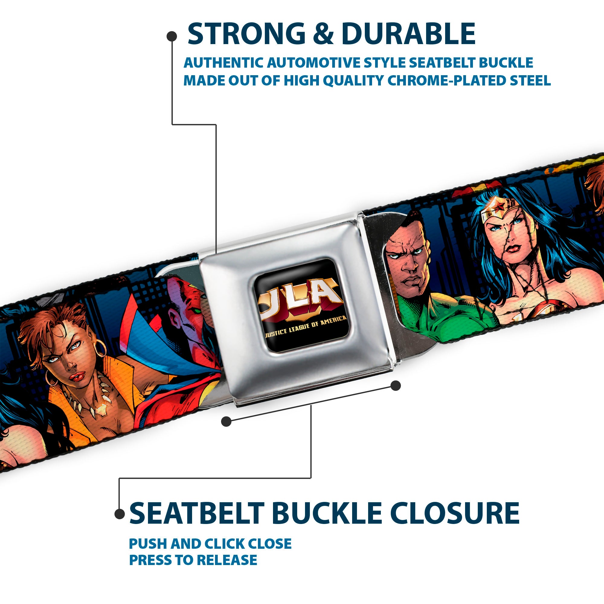 JLA-JUSTICE LEAGUE OF AMERICA Logo Full Color Black Gold Red Seatbelt Belt - Justice League New 52 14-Superheroes Group Pose Webbing Seatbelt Belts DC Comics