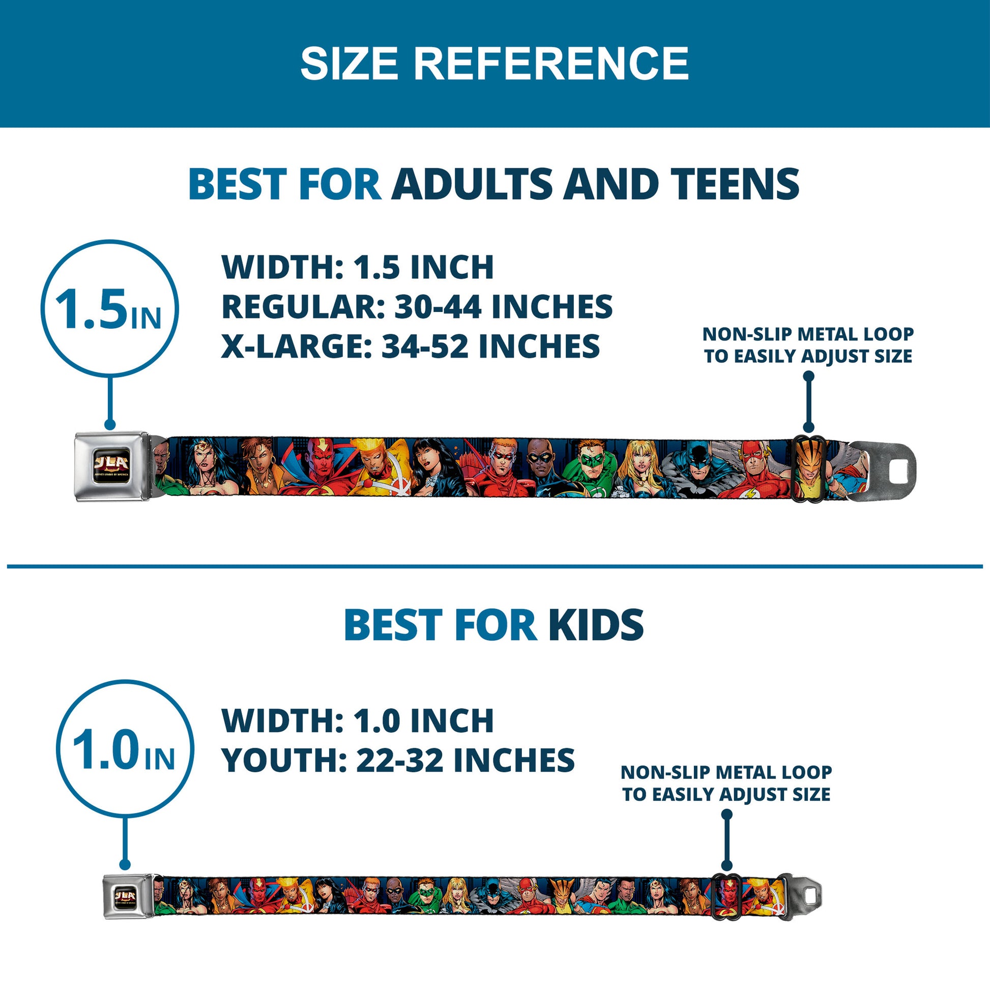 JLA-JUSTICE LEAGUE OF AMERICA Logo Full Color Black Gold Red Seatbelt Belt - Justice League New 52 14-Superheroes Group Pose Webbing Seatbelt Belts DC Comics