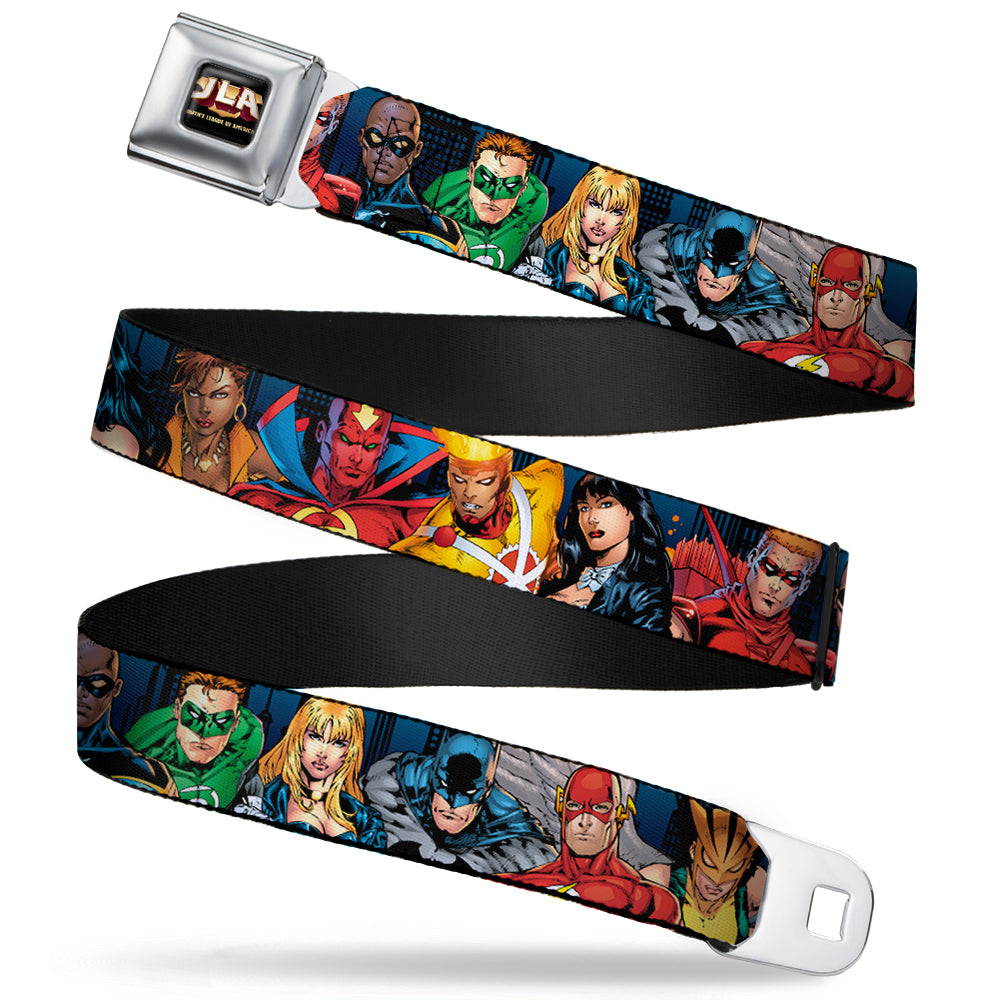 JLA-JUSTICE LEAGUE OF AMERICA Logo Full Color Black Gold Red Seatbelt Belt - Justice League New 52 14-Superheroes Group Pose Webbing Seatbelt Belts DC Comics