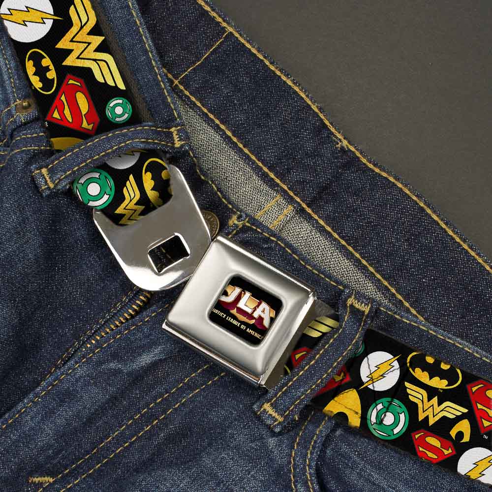 JLA-JUSTICE LEAGUE OF AMERICA Logo Full Color Black Gold Red Seatbelt Belt - Justice League 6-Superhero Logos Collage Black Webbing Seatbelt Belts DC Comics