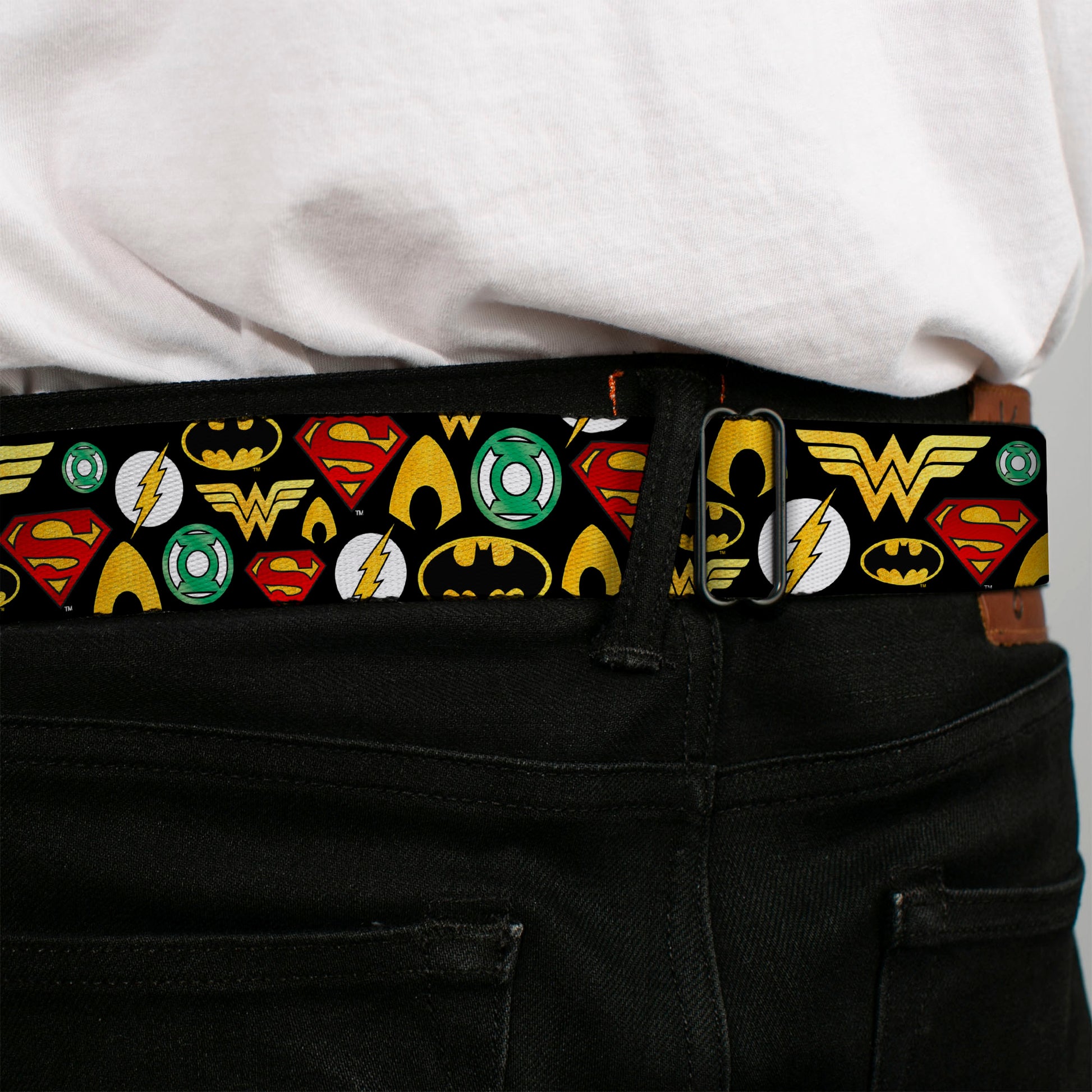 JLA-JUSTICE LEAGUE OF AMERICA Logo Full Color Black Gold Red Seatbelt Belt - Justice League 6-Superhero Logos Collage Black Webbing Seatbelt Belts DC Comics