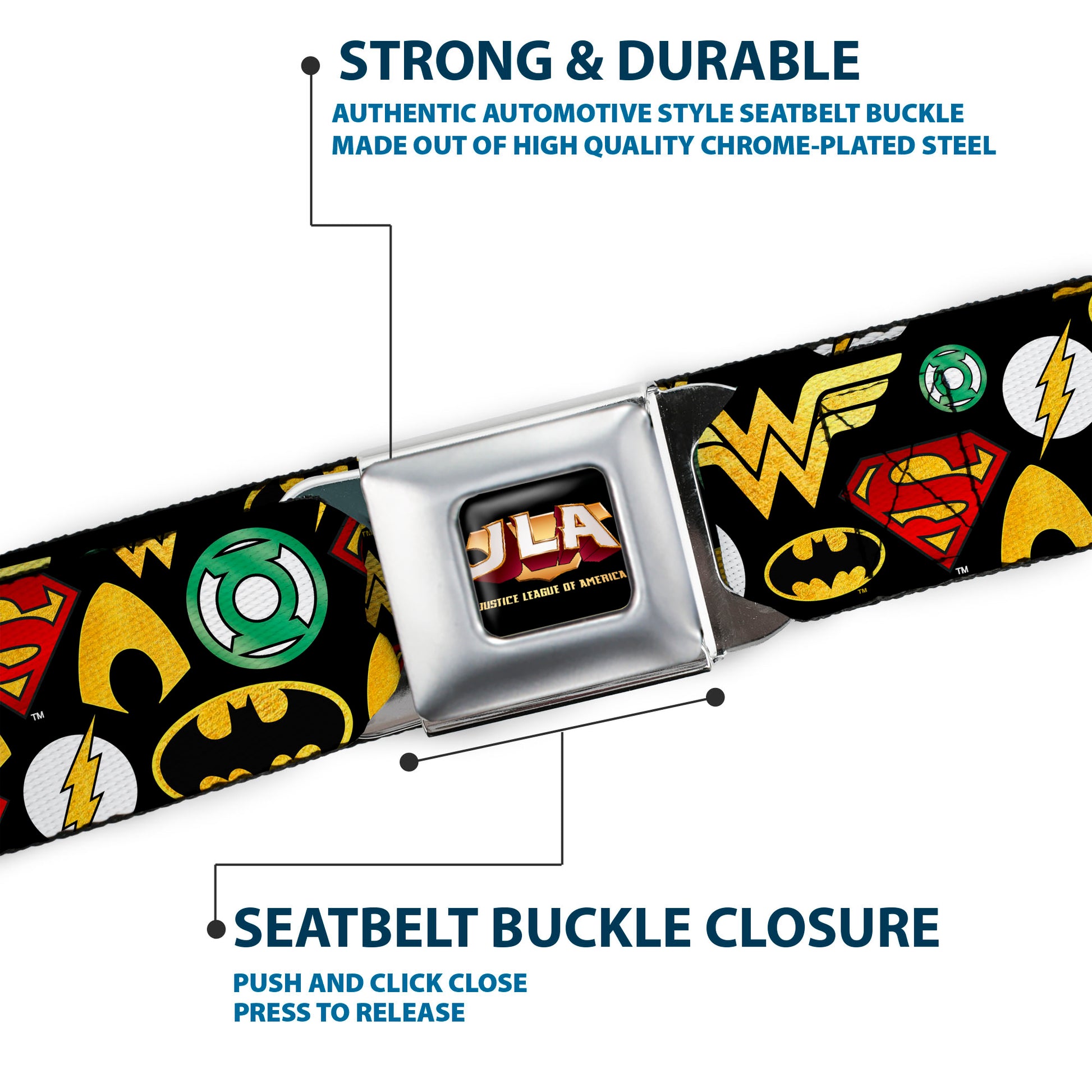 JLA-JUSTICE LEAGUE OF AMERICA Logo Full Color Black Gold Red Seatbelt Belt - Justice League 6-Superhero Logos Collage Black Webbing Seatbelt Belts DC Comics