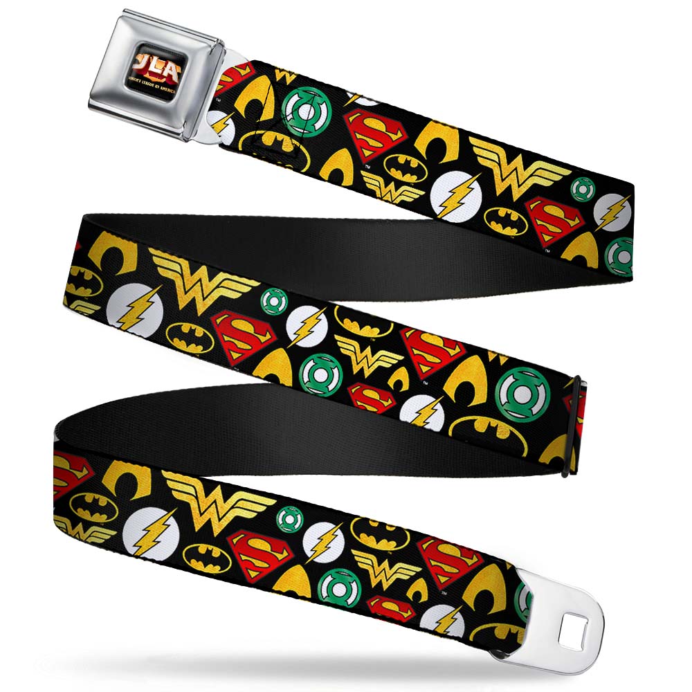 JLA-JUSTICE LEAGUE OF AMERICA Logo Full Color Black Gold Red Seatbelt Belt - Justice League 6-Superhero Logos Collage Black Webbing Seatbelt Belts DC Comics