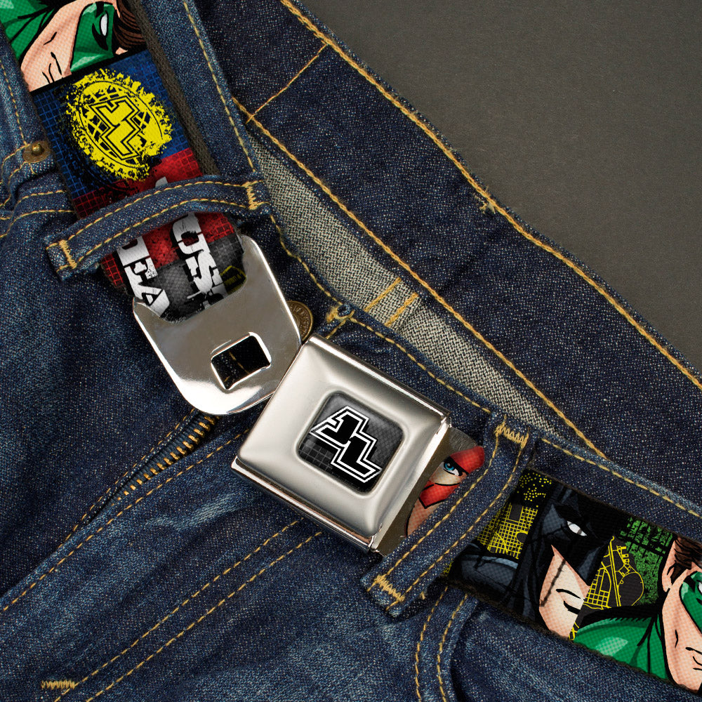 JL Logo Full Color Grays Black White Seatbelt Belt - JUSTICE LEAGUE Logo/4-Superhero Panels Pop Art Webbing Seatbelt Belts DC Comics