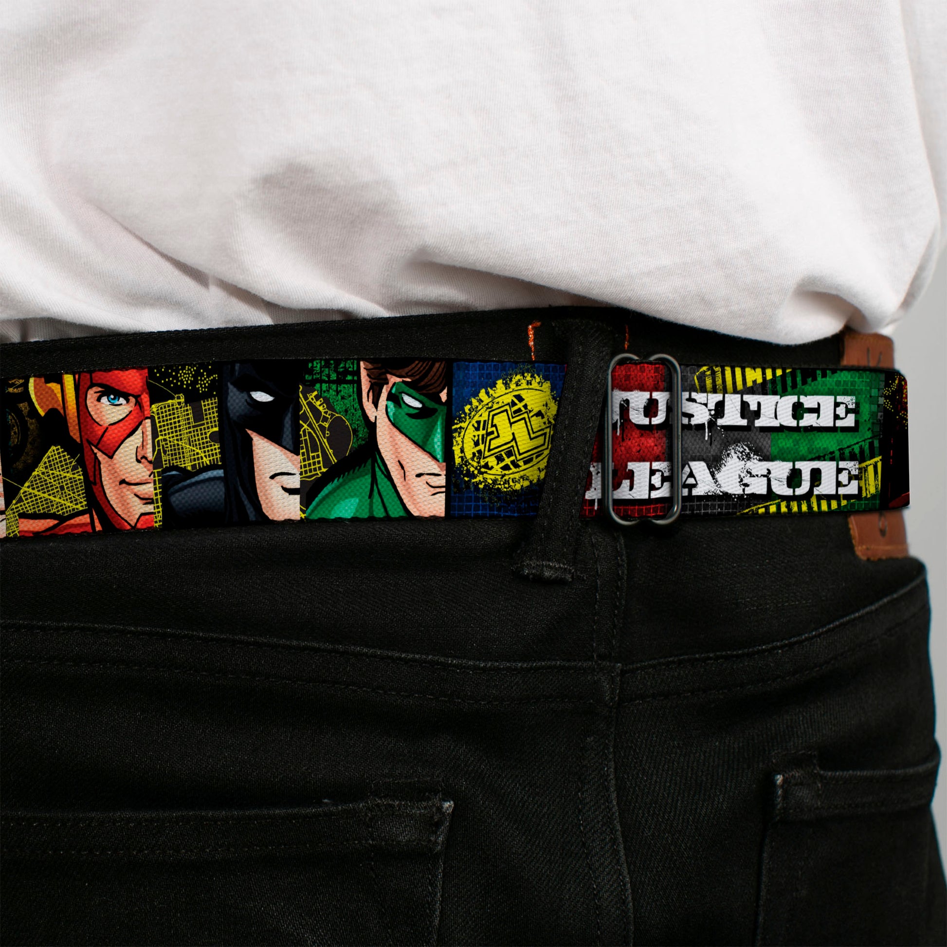 JL Logo Full Color Grays Black White Seatbelt Belt - JUSTICE LEAGUE Logo/4-Superhero Panels Pop Art Webbing Seatbelt Belts DC Comics