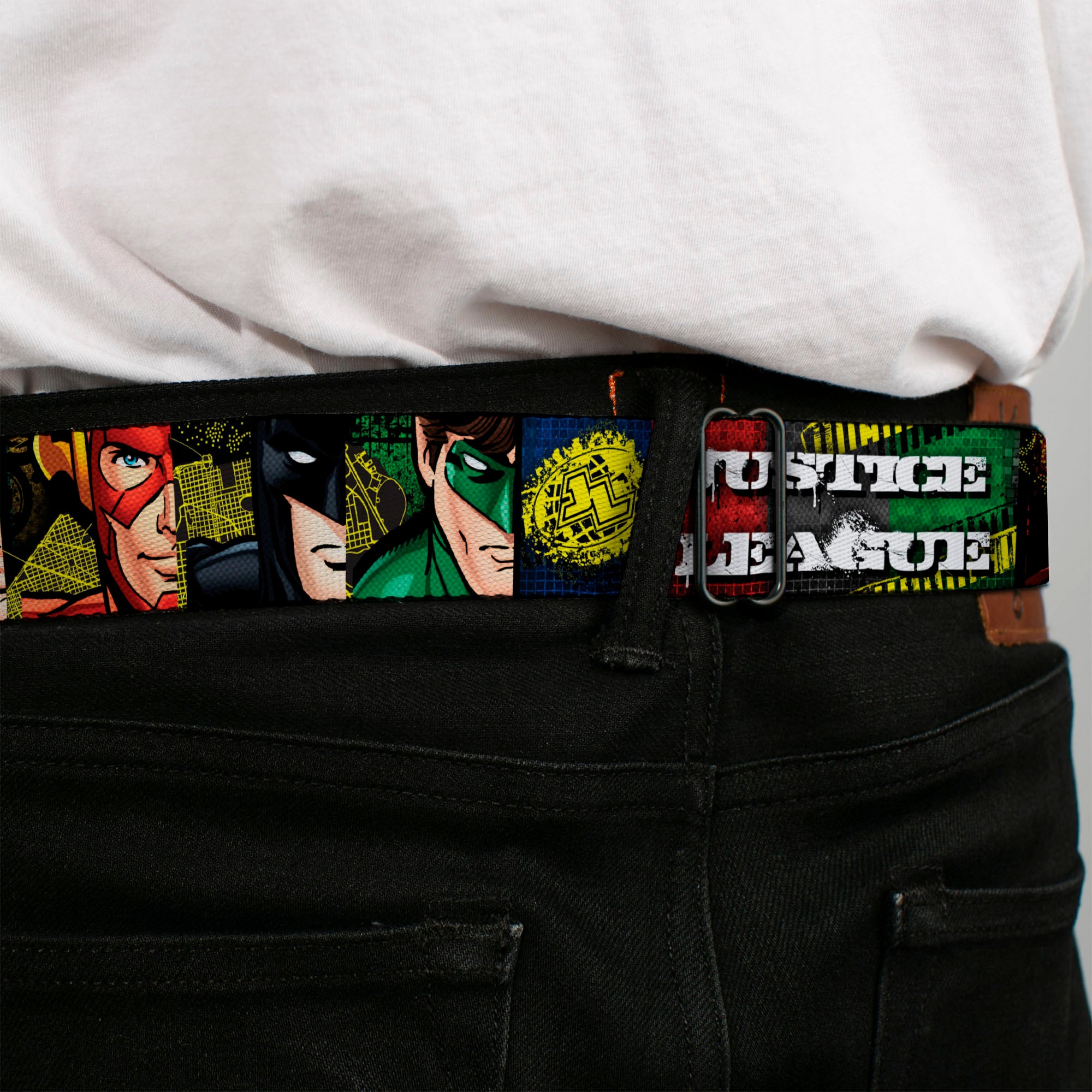 JL Logo Full Color Grays Black White Seatbelt Belt - JUSTICE LEAGUE Logo/4-Superhero Panels Pop Art Webbing Seatbelt Belts DC Comics