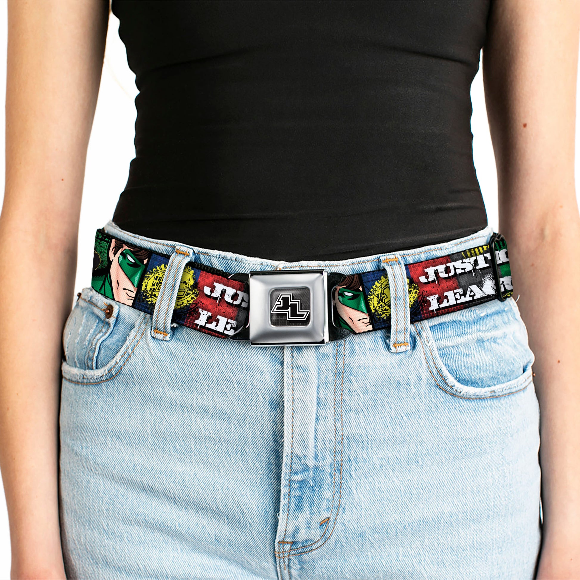 JL Logo Full Color Grays Black White Seatbelt Belt - JUSTICE LEAGUE Logo/4-Superhero Panels Pop Art Webbing Seatbelt Belts DC Comics