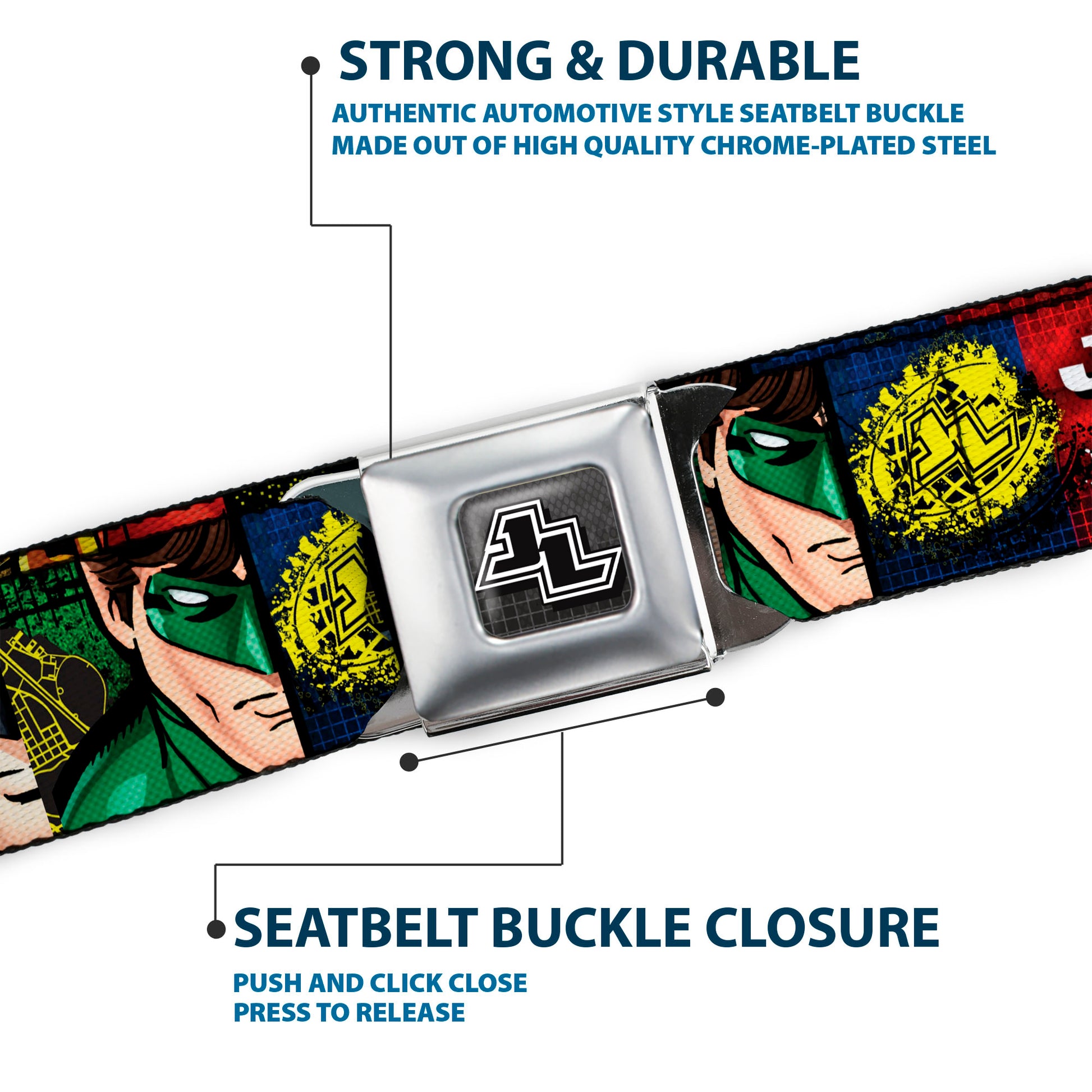 JL Logo Full Color Grays Black White Seatbelt Belt - JUSTICE LEAGUE Logo/4-Superhero Panels Pop Art Webbing Seatbelt Belts DC Comics