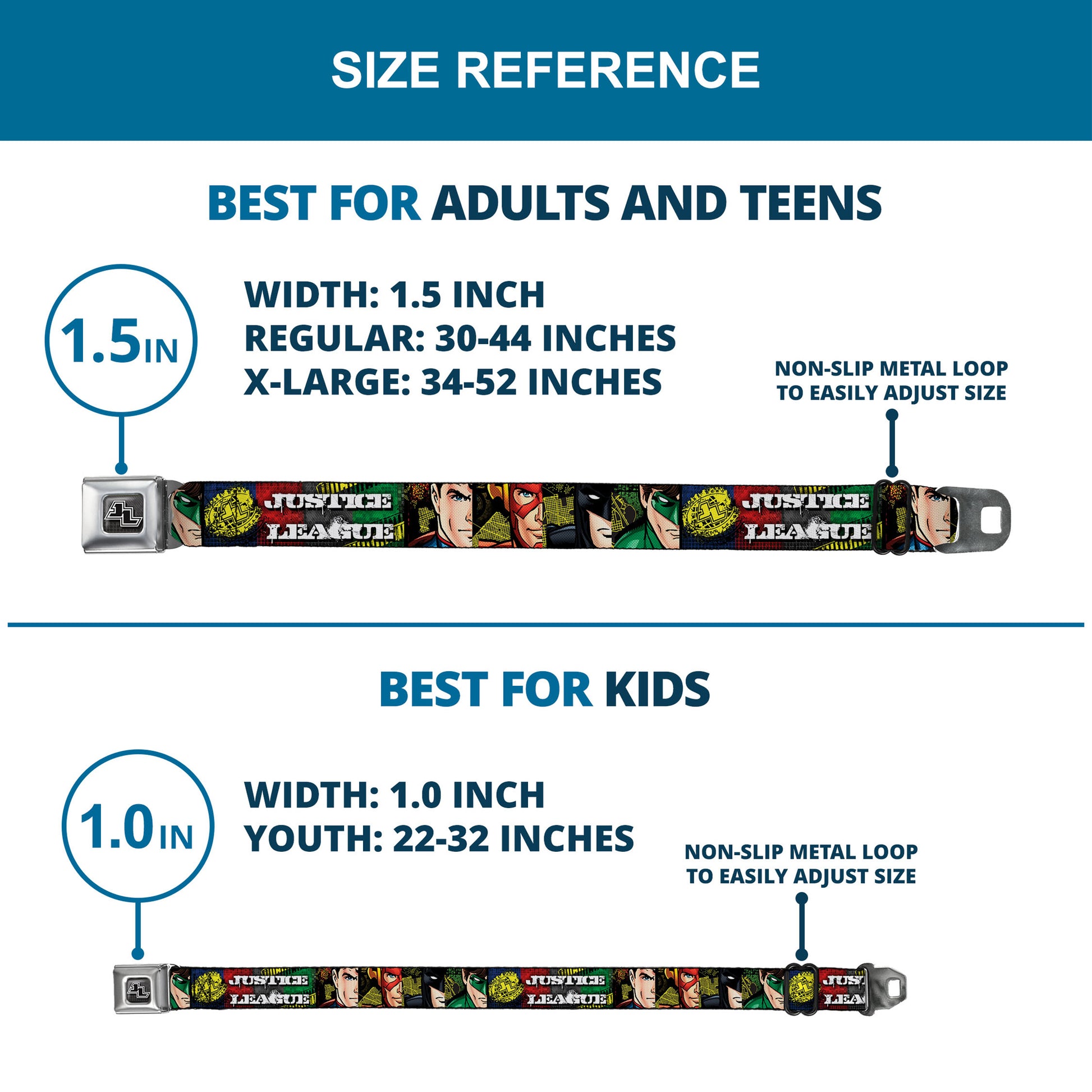 JL Logo Full Color Grays Black White Seatbelt Belt - JUSTICE LEAGUE Logo/4-Superhero Panels Pop Art Webbing Seatbelt Belts DC Comics