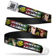 JL Logo Full Color Grays Black White Seatbelt Belt - JUSTICE LEAGUE Logo/4-Superhero Panels Pop Art Webbing Seatbelt Belts DC Comics
