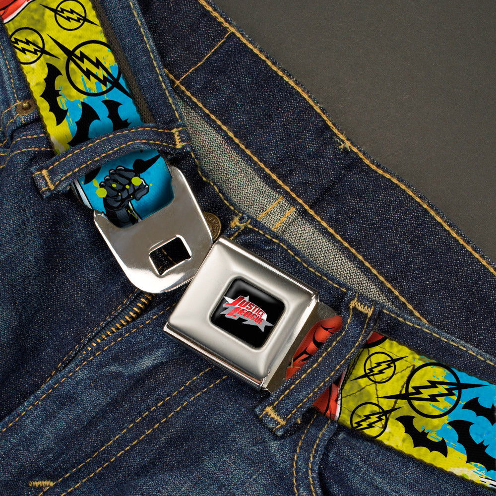 JUSTICE LEAGUE Star Logo Full Color Black Silver-Fade Red Seatbelt Belt - Justice League New 52 4-Superhero Poses/Scattered Logos Multi Color/Black Webbing Seatbelt Belts DC Comics