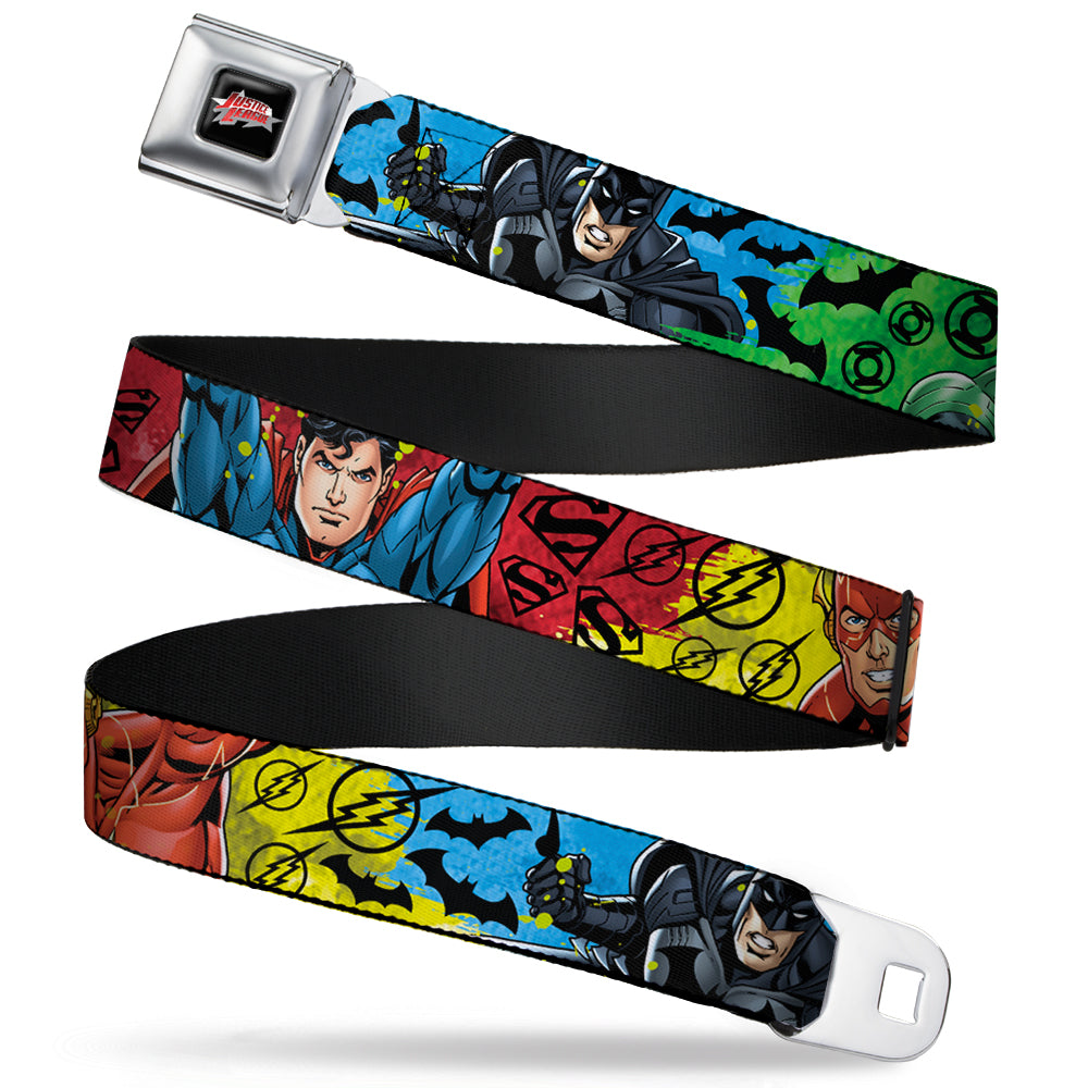 JUSTICE LEAGUE Star Logo Full Color Black Silver-Fade Red Seatbelt Belt - Justice League New 52 4-Superhero Poses/Scattered Logos Multi Color/Black Webbing Seatbelt Belts DC Comics