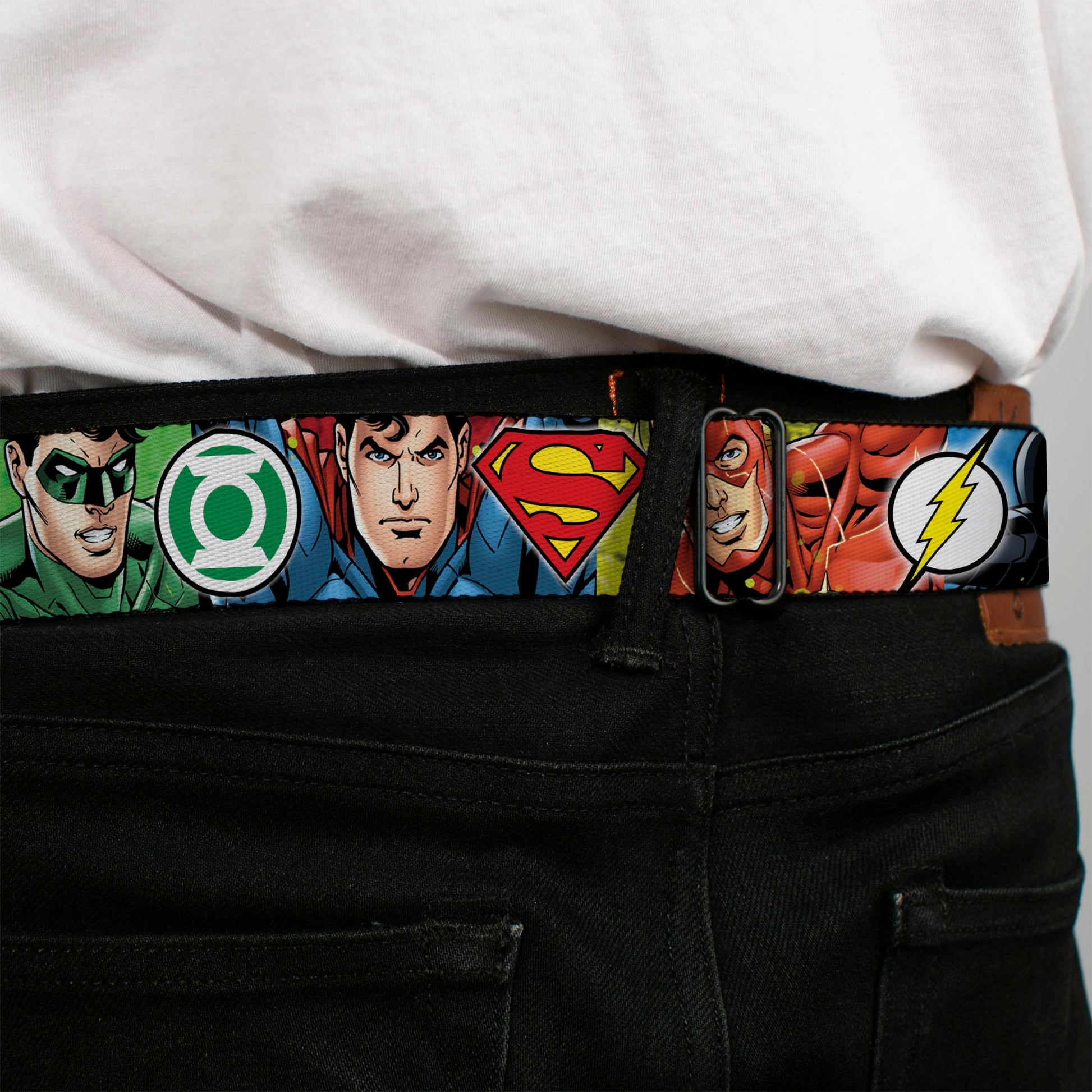 JUSTICE LEAGUE Star Logo Full Color Black Silver-Fade Red Seatbelt Belt - Justice League 4-Superhero CLOSE-UP Poses/Logos Webbing Seatbelt Belts DC Comics