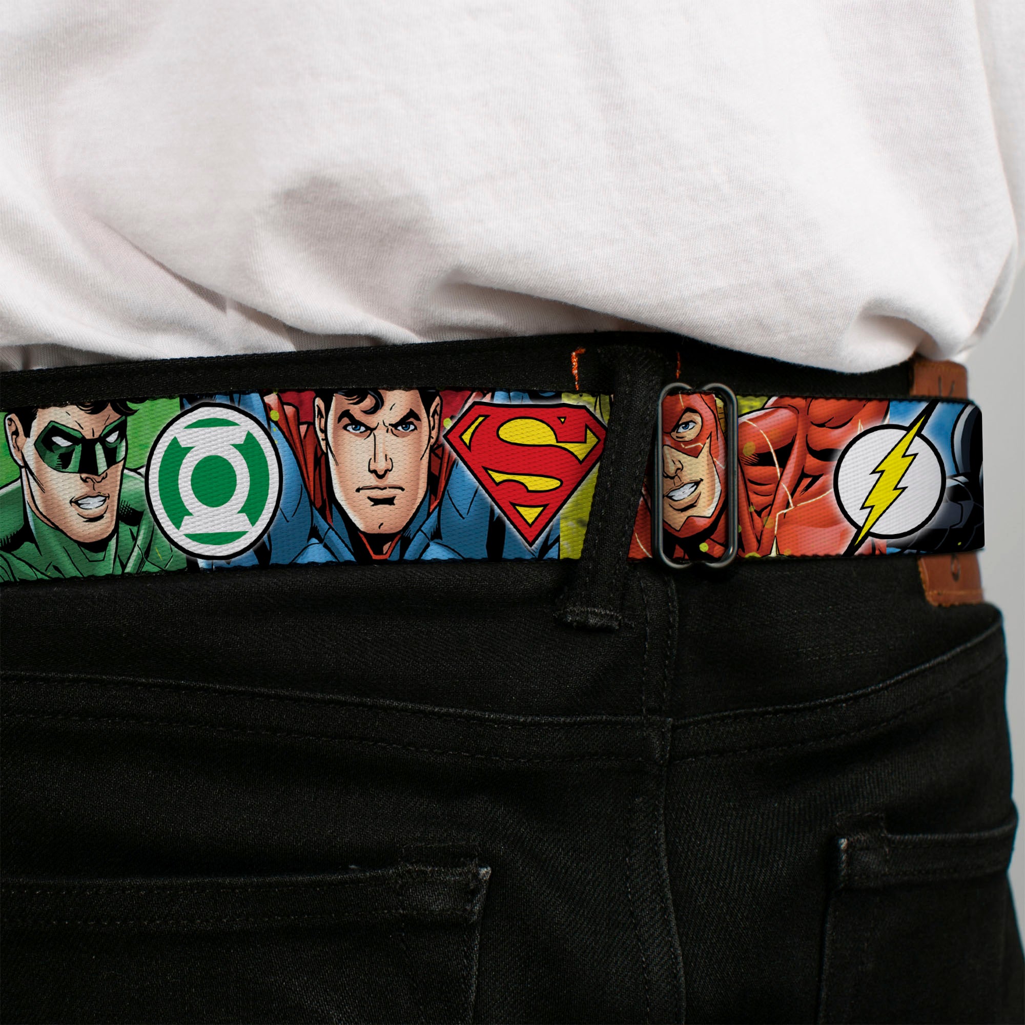 JUSTICE LEAGUE Star Logo Full Color Black Silver-Fade Red Seatbelt Belt - Justice League 4-Superhero CLOSE-UP Poses/Logos Webbing Seatbelt Belts DC Comics