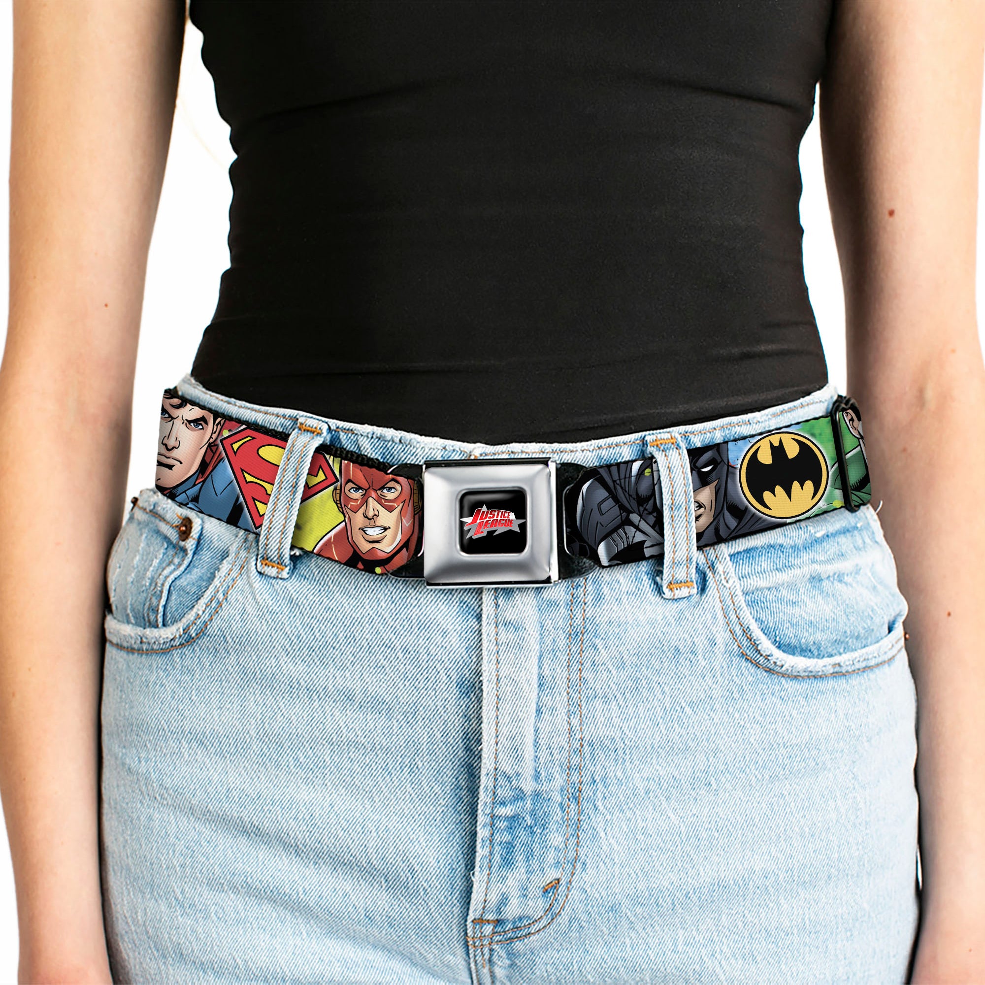 JUSTICE LEAGUE Star Logo Full Color Black Silver-Fade Red Seatbelt Belt - Justice League 4-Superhero CLOSE-UP Poses/Logos Webbing Seatbelt Belts DC Comics