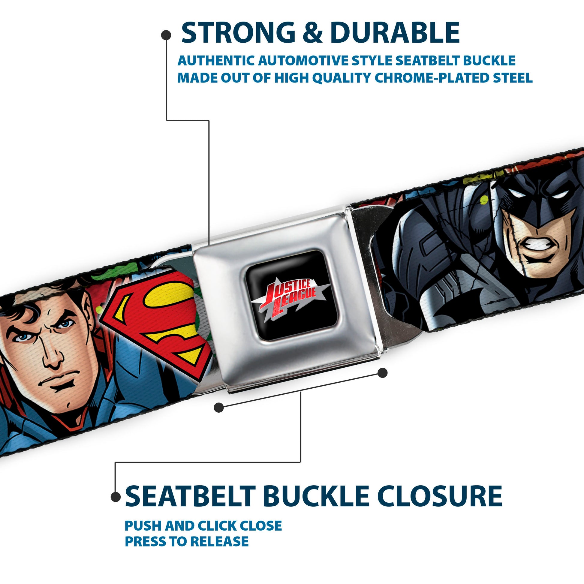 JUSTICE LEAGUE Star Logo Full Color Black Silver-Fade Red Seatbelt Belt - Justice League 4-Superhero CLOSE-UP Poses/Logos Webbing Seatbelt Belts DC Comics