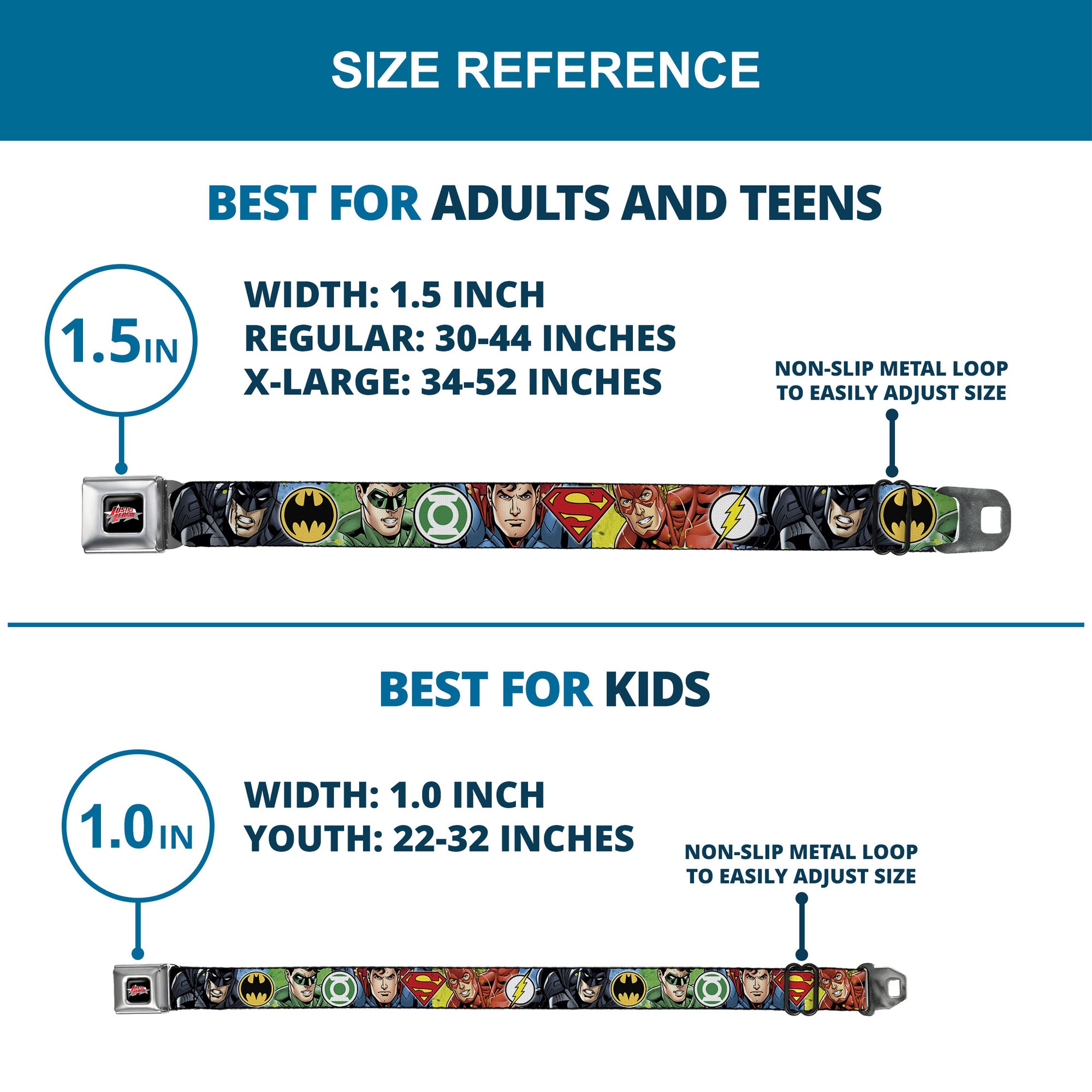 JUSTICE LEAGUE Star Logo Full Color Black Silver-Fade Red Seatbelt Belt - Justice League 4-Superhero CLOSE-UP Poses/Logos Webbing Seatbelt Belts DC Comics