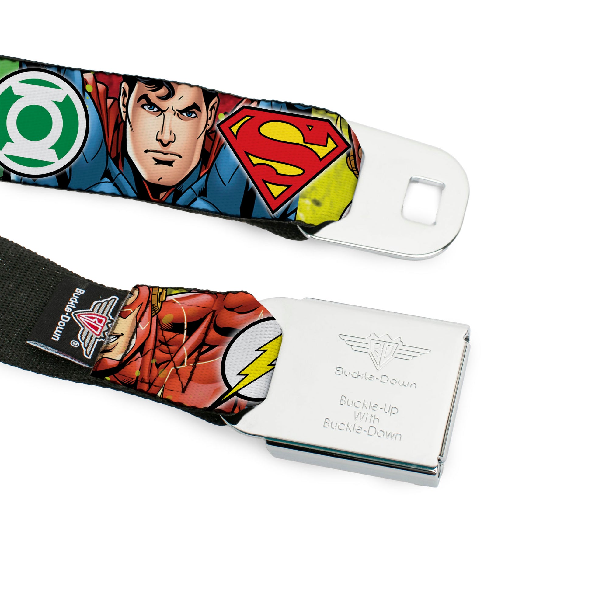 JUSTICE LEAGUE Star Logo Full Color Black Silver-Fade Red Seatbelt Belt - Justice League 4-Superhero CLOSE-UP Poses/Logos Webbing Seatbelt Belts DC Comics