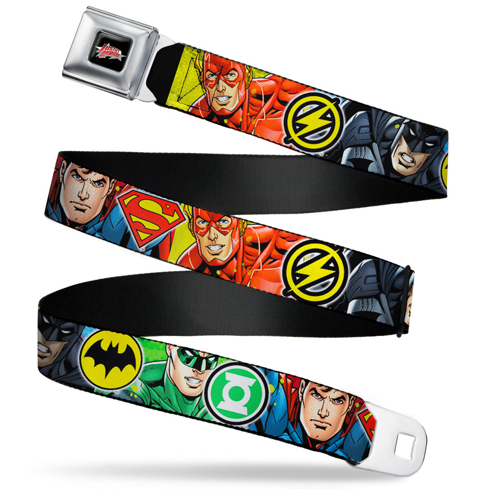JUSTICE LEAGUE Star Logo Full Color Black Silver-Fade Red Seatbelt Belt - Justice League 4-Superhero CLOSE-UP Poses/Logos Webbing Seatbelt Belts DC Comics