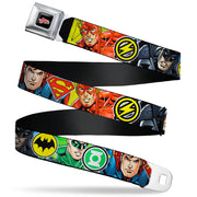 JUSTICE LEAGUE Star Logo Full Color Black Silver-Fade Red Seatbelt Belt - Justice League 4-Superhero CLOSE-UP Poses/Logos Webbing Seatbelt Belts DC Comics