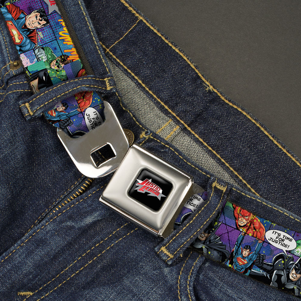 JUSTICE LEAGUE Star Logo Full Color Black Silver-Fade Red Seatbelt Belt - JUSTICE LEAGUE-IT'S TIME FOR JUSTICE 4-Superhero Pose Blocks Collage Purples/Blues Webbing Seatbelt Belts DC Comics