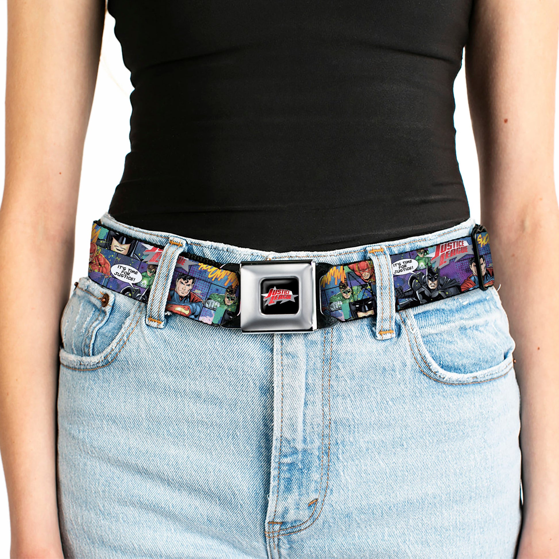 JUSTICE LEAGUE Star Logo Full Color Black Silver-Fade Red Seatbelt Belt - JUSTICE LEAGUE-IT'S TIME FOR JUSTICE 4-Superhero Pose Blocks Collage Purples/Blues Webbing Seatbelt Belts DC Comics