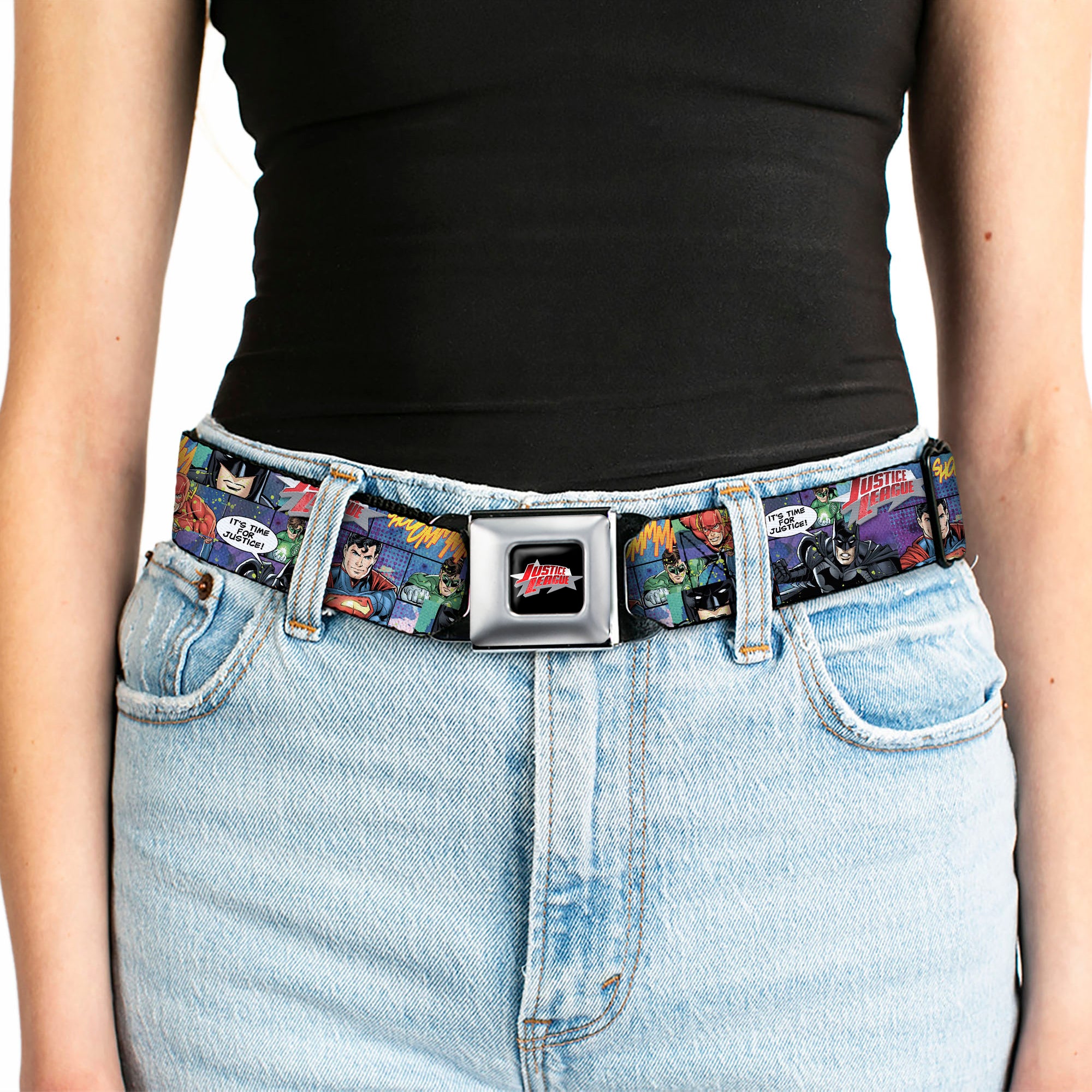 JUSTICE LEAGUE Star Logo Full Color Black Silver-Fade Red Seatbelt Belt - JUSTICE LEAGUE-IT'S TIME FOR JUSTICE 4-Superhero Pose Blocks Collage Purples/Blues Webbing Seatbelt Belts DC Comics