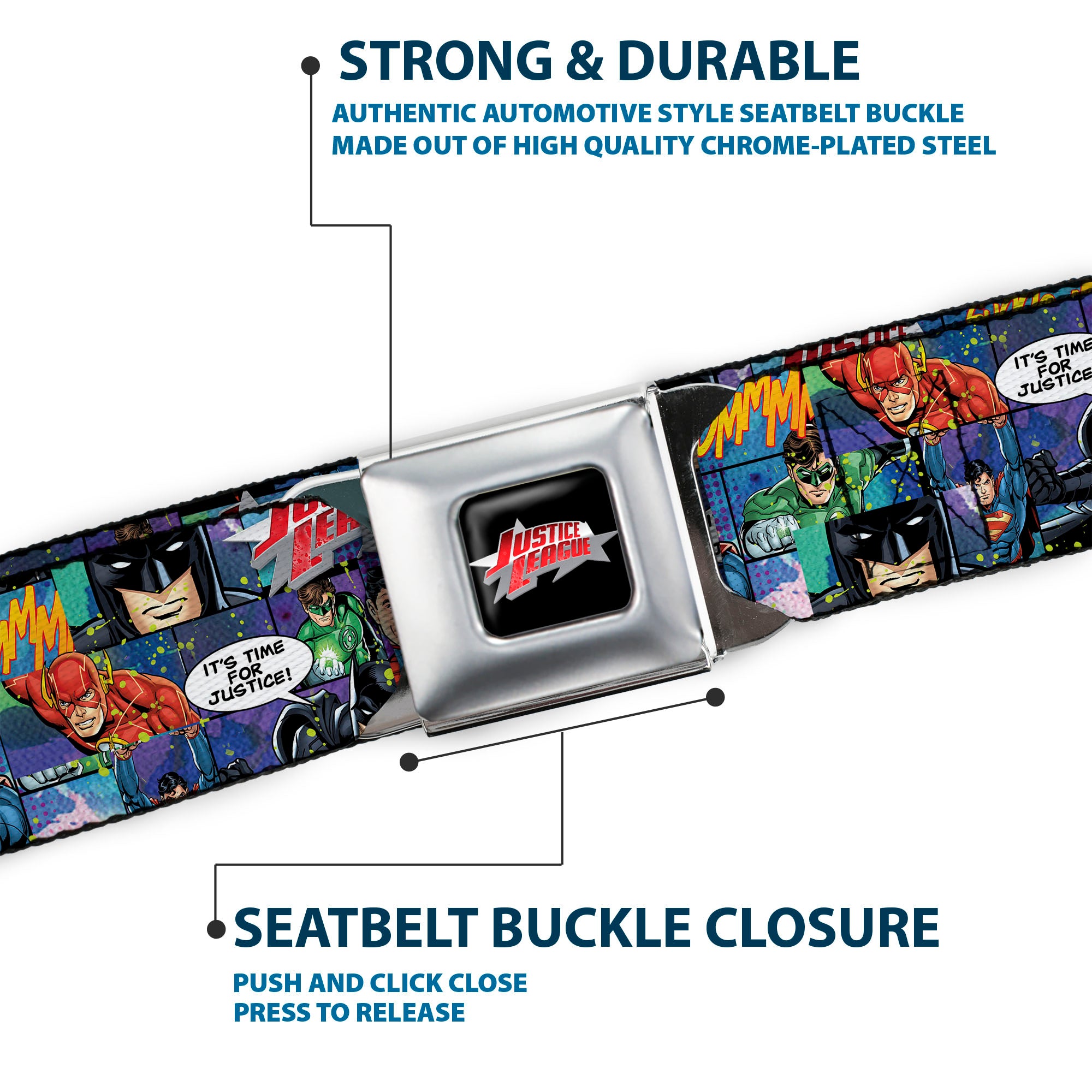 JUSTICE LEAGUE Star Logo Full Color Black Silver-Fade Red Seatbelt Belt - JUSTICE LEAGUE-IT'S TIME FOR JUSTICE 4-Superhero Pose Blocks Collage Purples/Blues Webbing Seatbelt Belts DC Comics