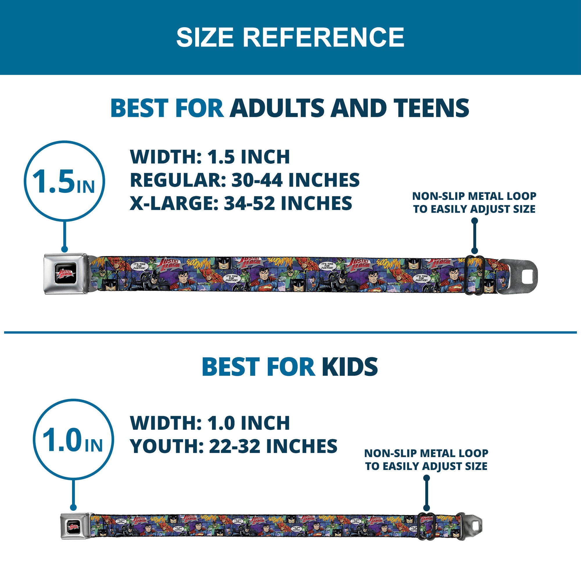 JUSTICE LEAGUE Star Logo Full Color Black Silver-Fade Red Seatbelt Belt - JUSTICE LEAGUE-IT'S TIME FOR JUSTICE 4-Superhero Pose Blocks Collage Purples/Blues Webbing Seatbelt Belts DC Comics