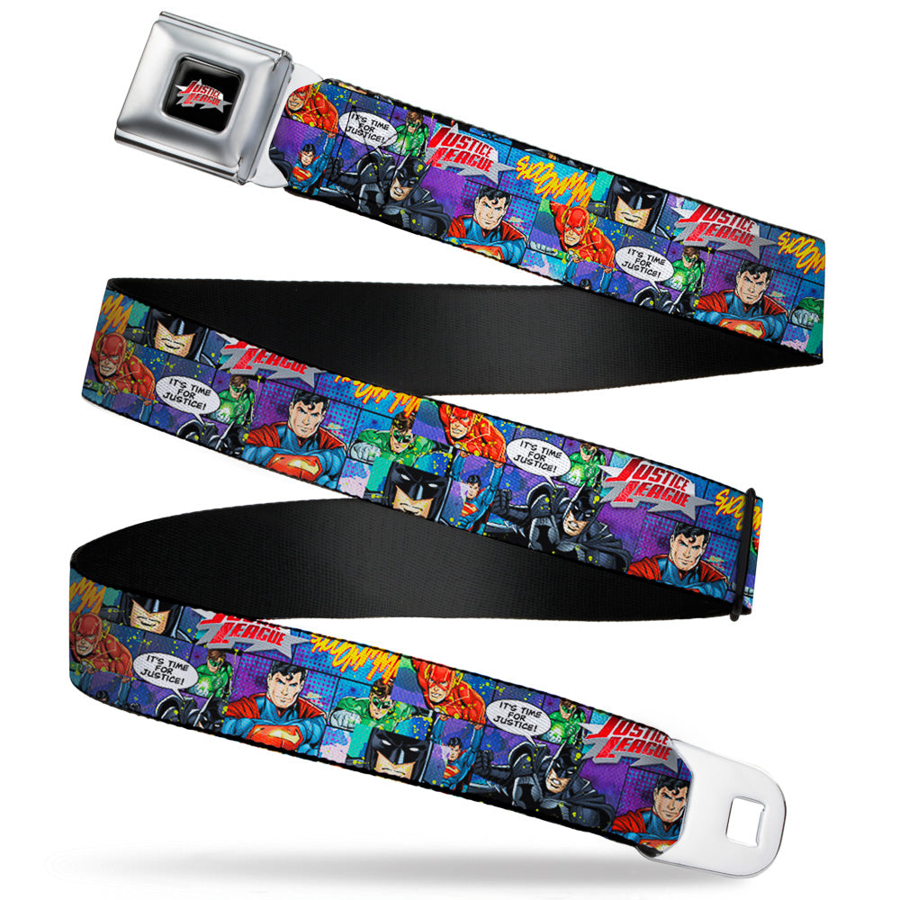 JUSTICE LEAGUE Star Logo Full Color Black Silver-Fade Red Seatbelt Belt - JUSTICE LEAGUE-IT'S TIME FOR JUSTICE 4-Superhero Pose Blocks Collage Purples/Blues Webbing Seatbelt Belts DC Comics