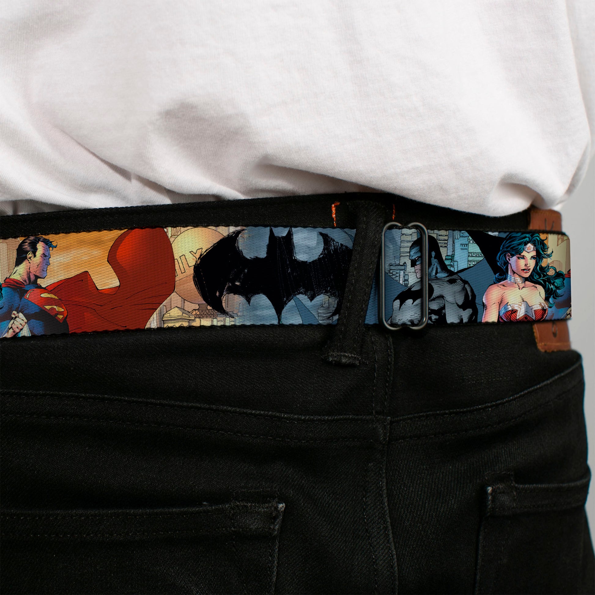 DC Comics Trinity Group Pose Full Color Seatbelt Belt - DC Comics Trinity Group Pose/Logos Webbing Seatbelt Belts DC Comics