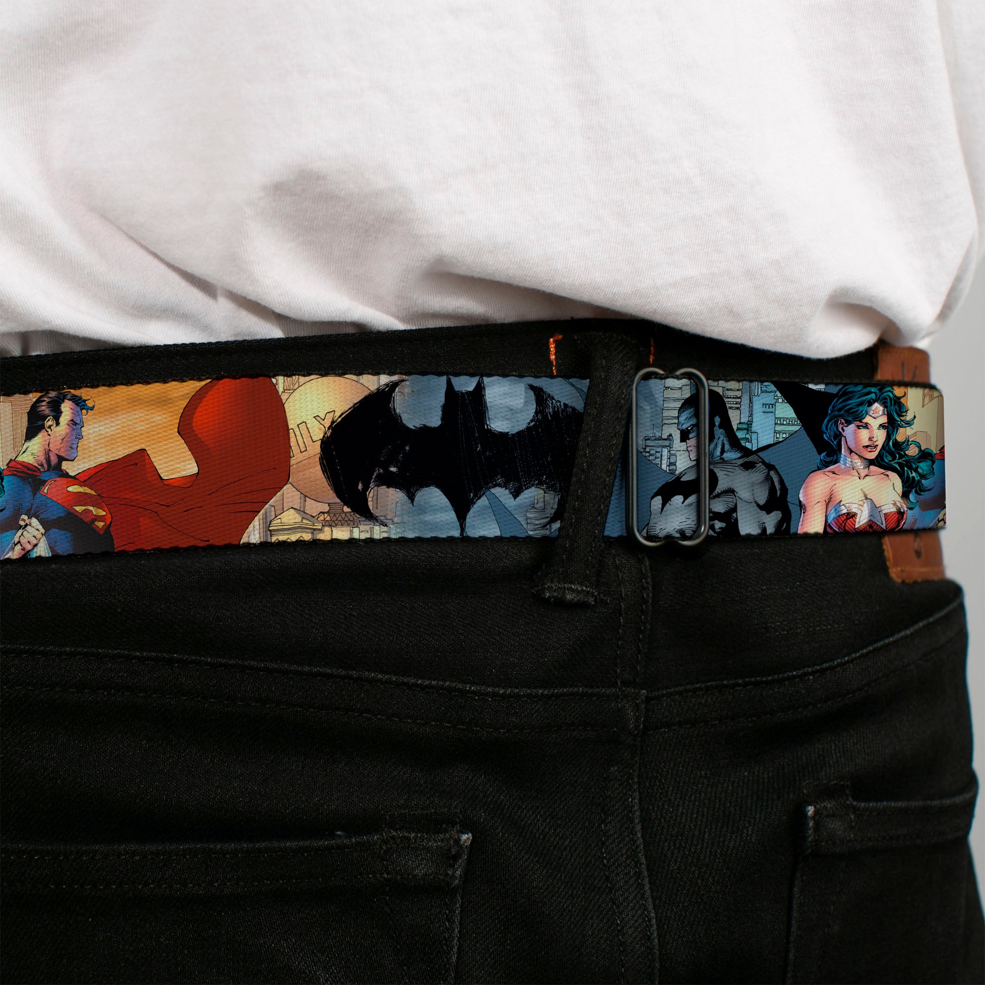 DC Comics Trinity Group Pose Full Color Seatbelt Belt - DC Comics Trinity Group Pose/Logos Webbing Seatbelt Belts DC Comics