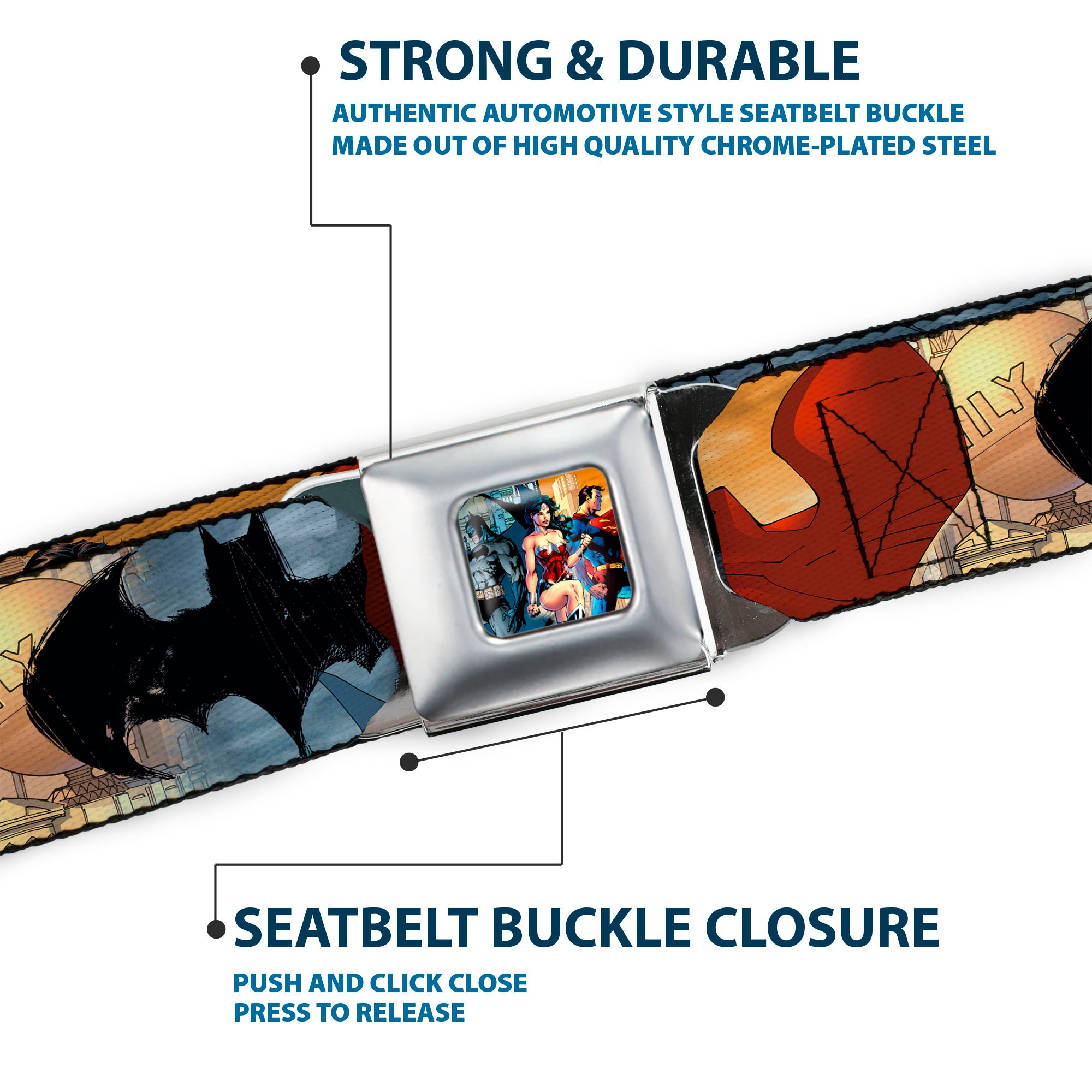 DC Comics Trinity Group Pose Full Color Seatbelt Belt - DC Comics Trinity Group Pose/Logos Webbing Seatbelt Belts DC Comics