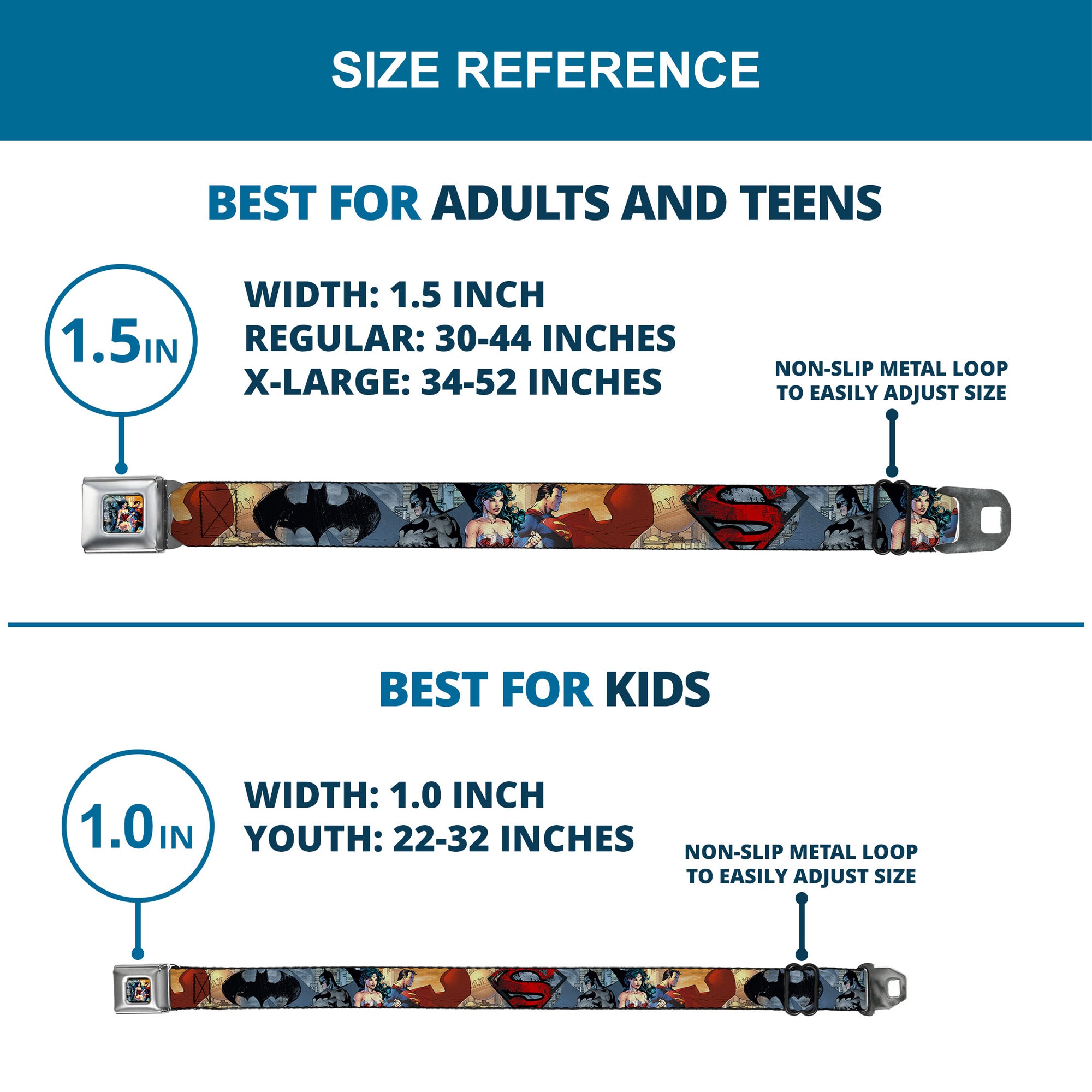 DC Comics Trinity Group Pose Full Color Seatbelt Belt - DC Comics Trinity Group Pose/Logos Webbing Seatbelt Belts DC Comics