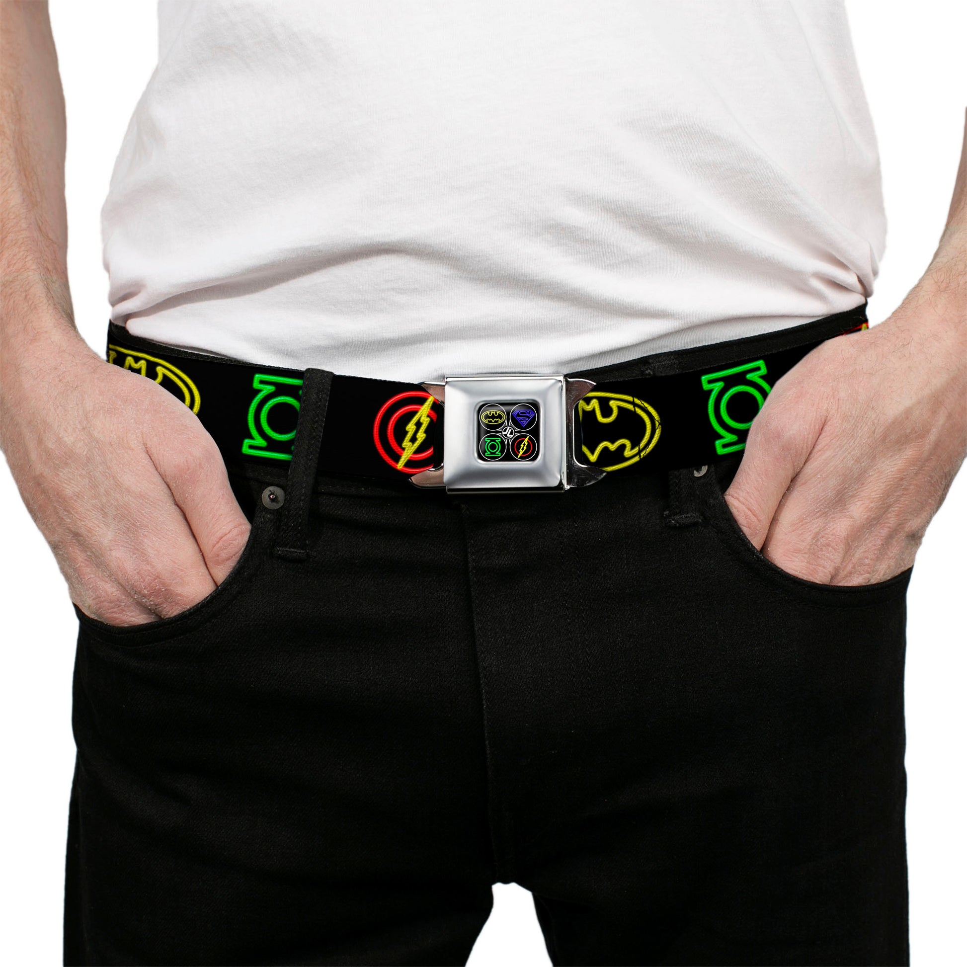 JL-Batman Superman Green Lantern Flash Electric Logos Full Color Black White Multi Neon Seatbelt Belt - Justice League Electric Logos Black/Multi Neon Webbing Seatbelt Belts DC Comics