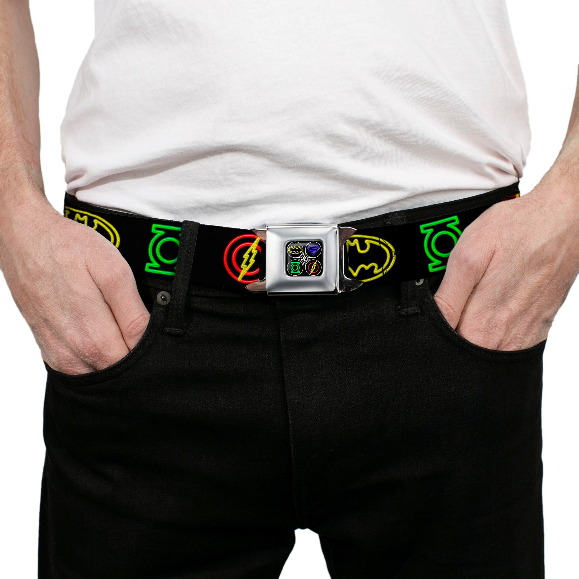 JL-Batman Superman Green Lantern Flash Electric Logos Full Color Black White Multi Neon Seatbelt Belt - Justice League Electric Logos Black/Multi Neon Webbing Seatbelt Belts DC Comics