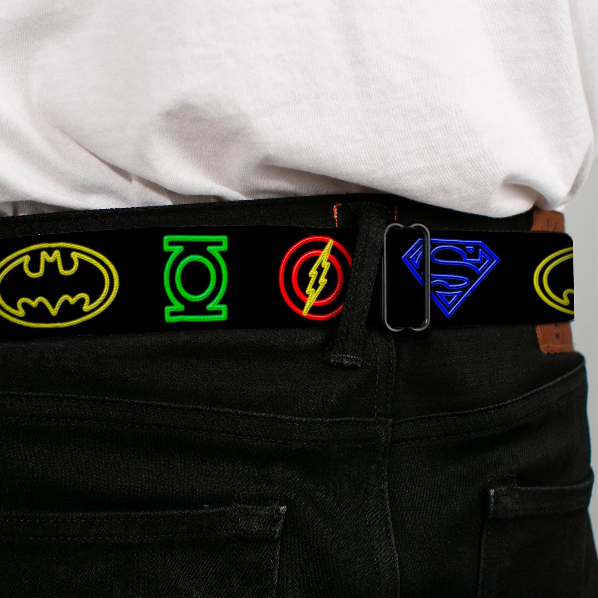 JL-Batman Superman Green Lantern Flash Electric Logos Full Color Black White Multi Neon Seatbelt Belt - Justice League Electric Logos Black/Multi Neon Webbing Seatbelt Belts DC Comics