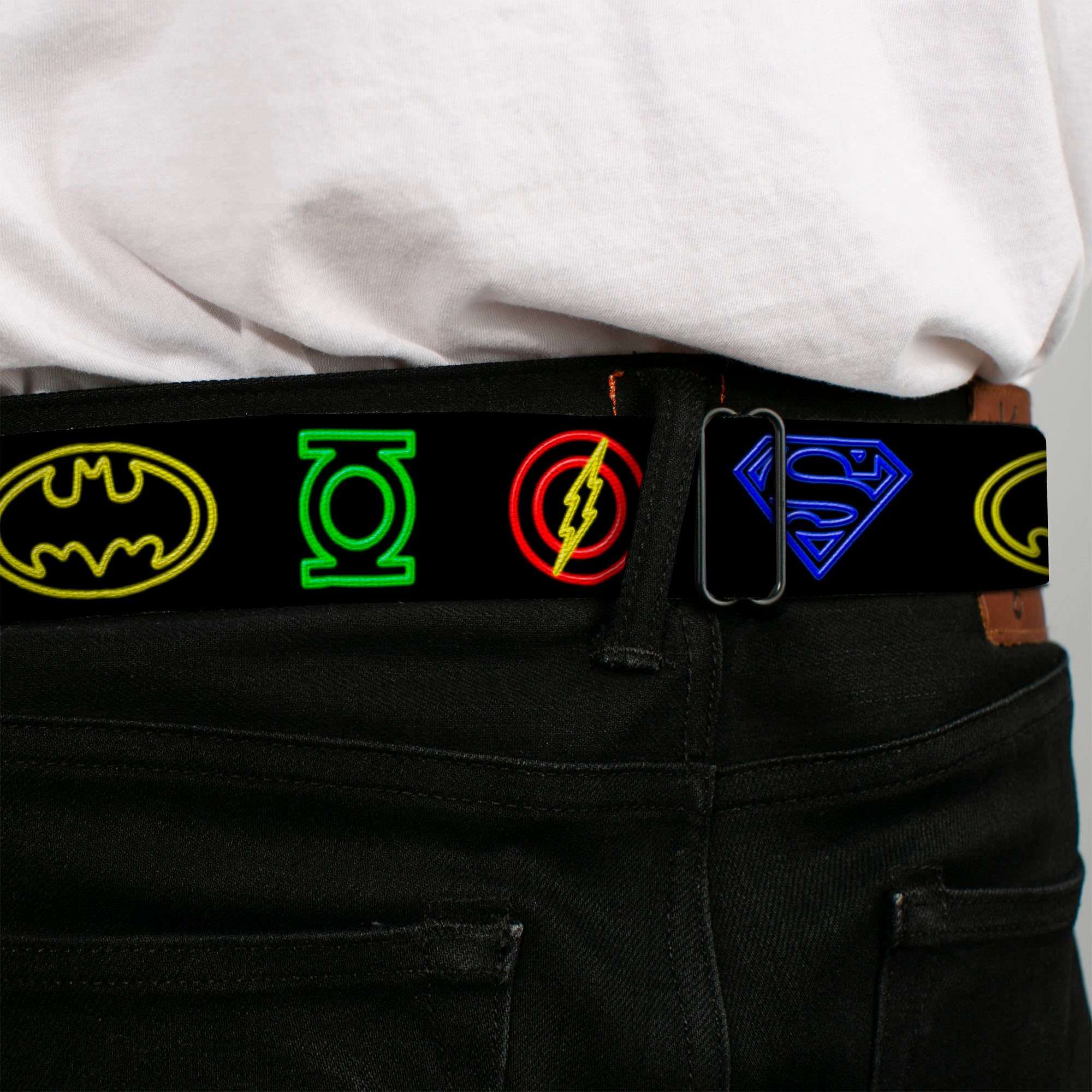JL-Batman Superman Green Lantern Flash Electric Logos Full Color Black White Multi Neon Seatbelt Belt - Justice League Electric Logos Black/Multi Neon Webbing Seatbelt Belts DC Comics