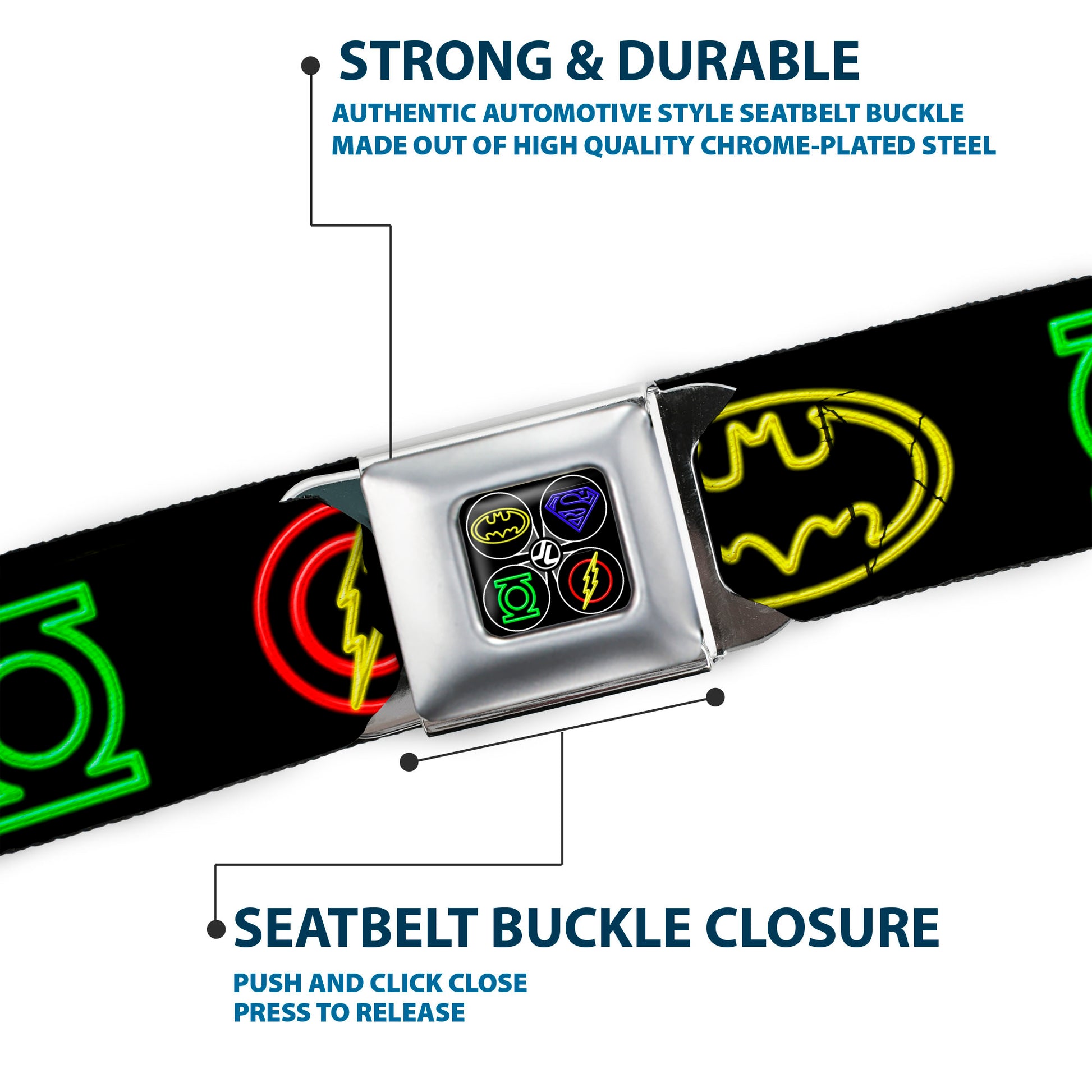 JL-Batman Superman Green Lantern Flash Electric Logos Full Color Black White Multi Neon Seatbelt Belt - Justice League Electric Logos Black/Multi Neon Webbing Seatbelt Belts DC Comics