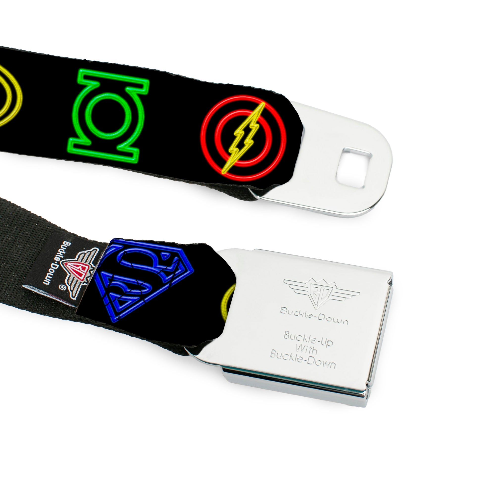 JL-Batman Superman Green Lantern Flash Electric Logos Full Color Black White Multi Neon Seatbelt Belt - Justice League Electric Logos Black/Multi Neon Webbing Seatbelt Belts DC Comics